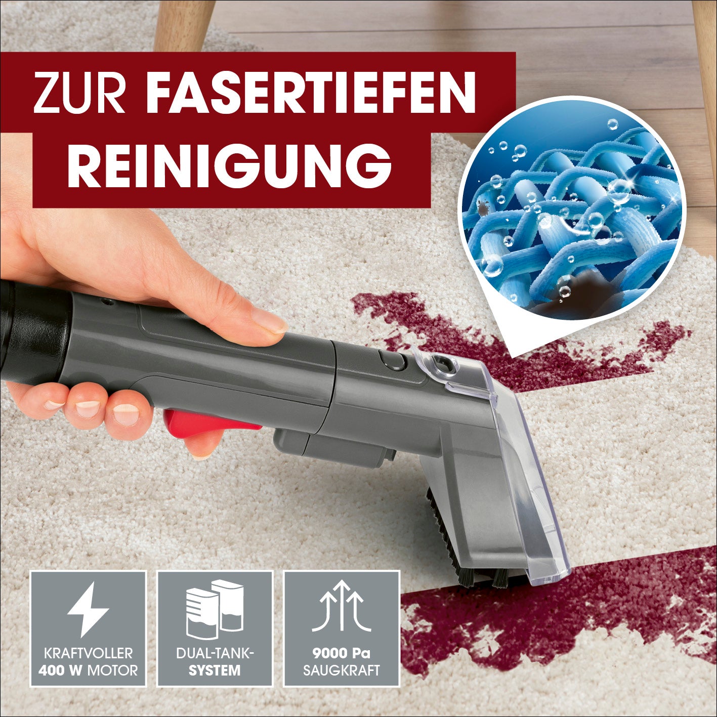 Polster- & Teppichreiniger Kompakt Plus - inkl. 1 l Teppich- & Polsterreiniger-Konzentrat beim gründlichen Entfernen von Flecken aus Teppichfasern.