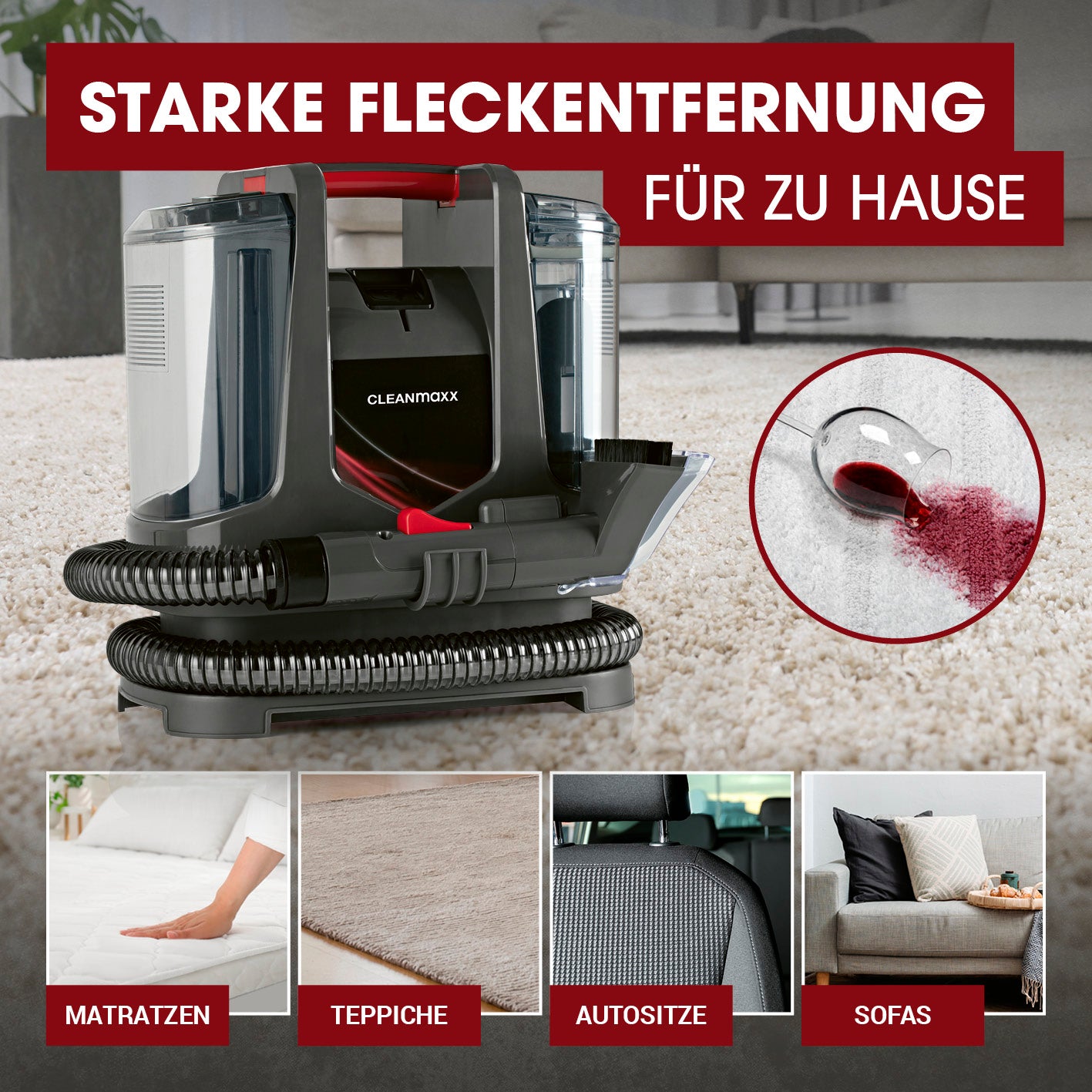 Polster- & Teppichreiniger Kompakt Plus - inkl. 1 l Teppich- & Polsterreiniger-Konzentrat entfernt zuverlässig starke Flecken auf Teppichen, Matratzen und Polstern.