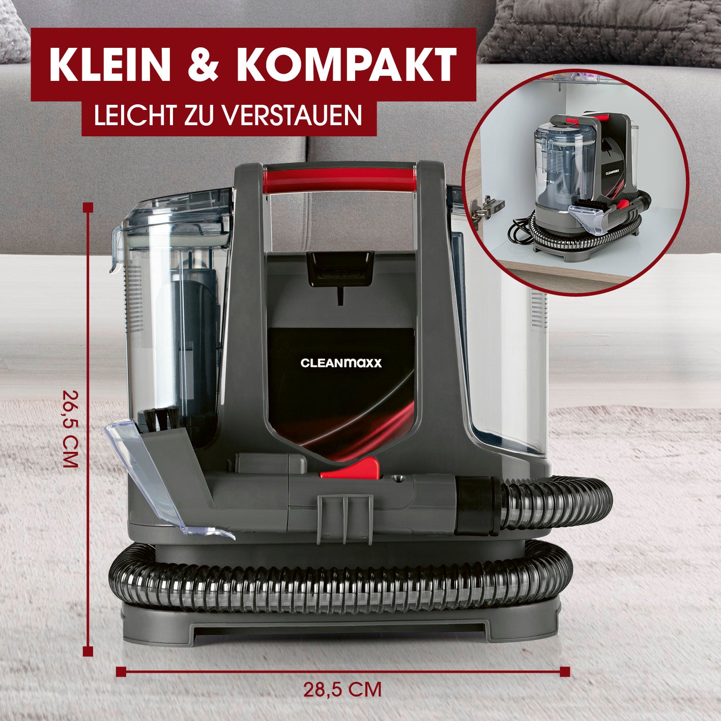 Polster- & Teppichreiniger Kompakt Plus - inkl. 1 l Teppich- & Polsterreiniger-Konzentrat, kompakte Bauweise mit praktischer Aufbewahrung und Maße-Anzeige.