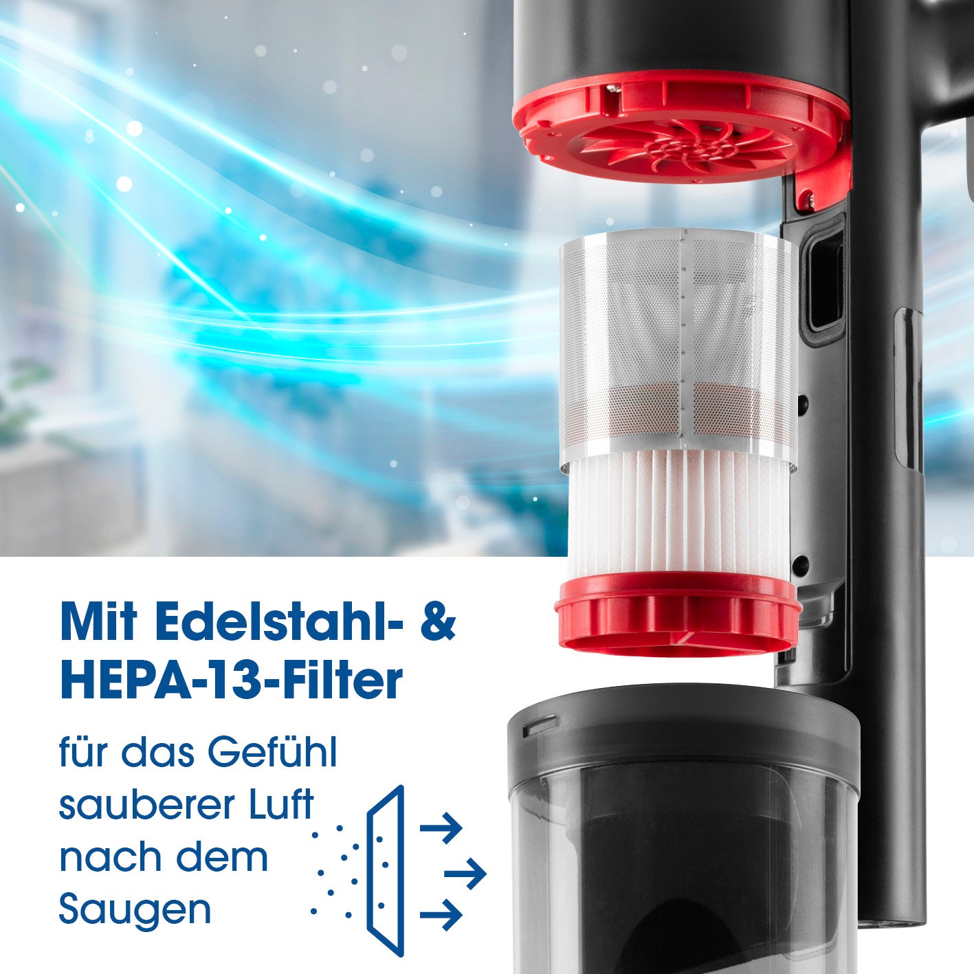Akku-Zyklon-Staubsauger 22,2V - schwarz/rot mit Edelstahl- und HEPA-13-Filter für saubere Luft beim Staubsaugen