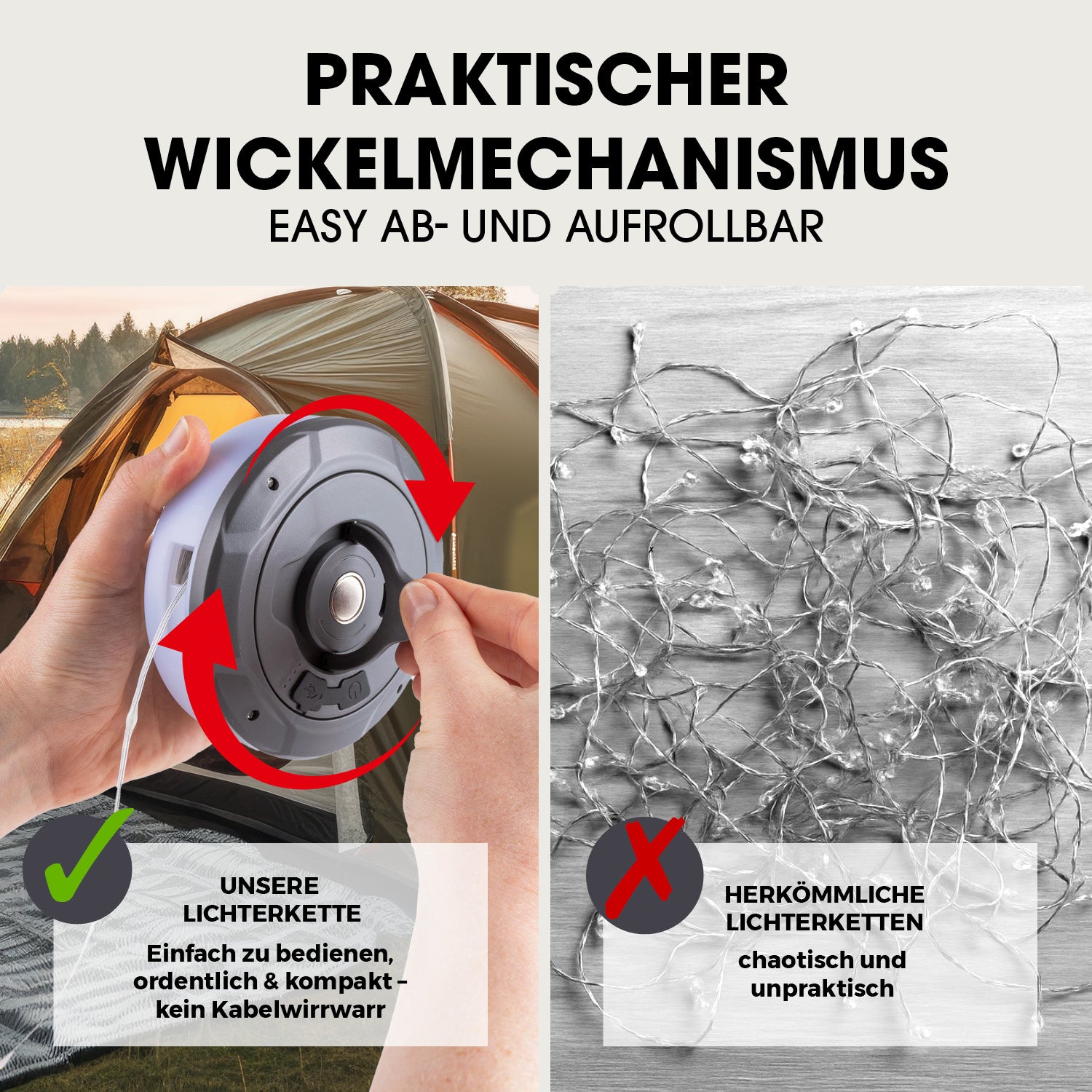 2in1-Outdoor-Beleuchtung - Lampe & Lichterkette in einem mit praktischem Wickelmechanismus gegen Kabelsalat.