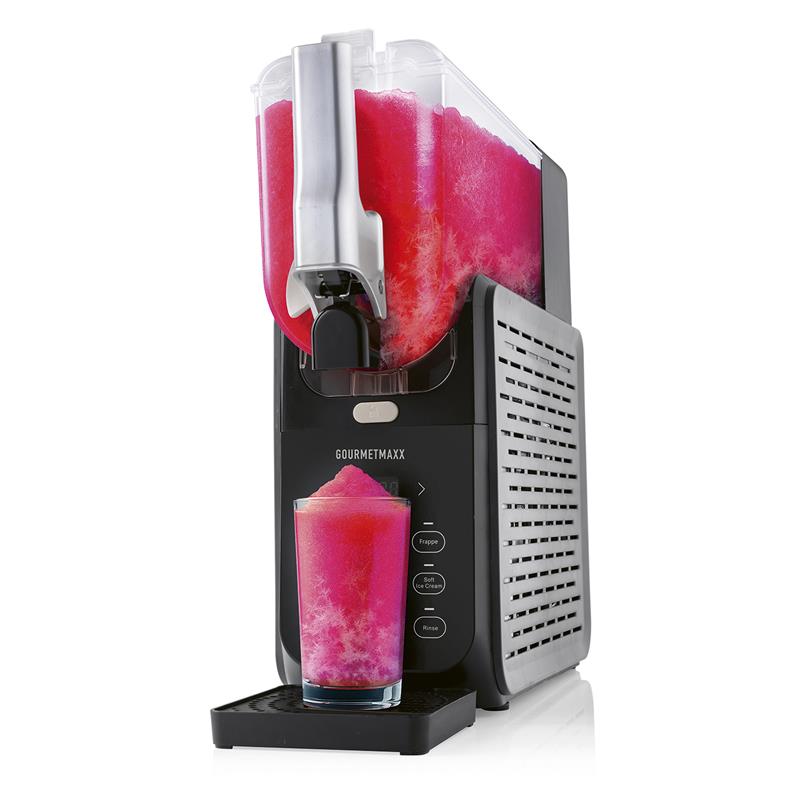 Slush Eis Maschine FreezeUp mit rotem Slush-Eis, modernem Design und einfachem Ausgießer für erfrischende Drinks und Desserts.
