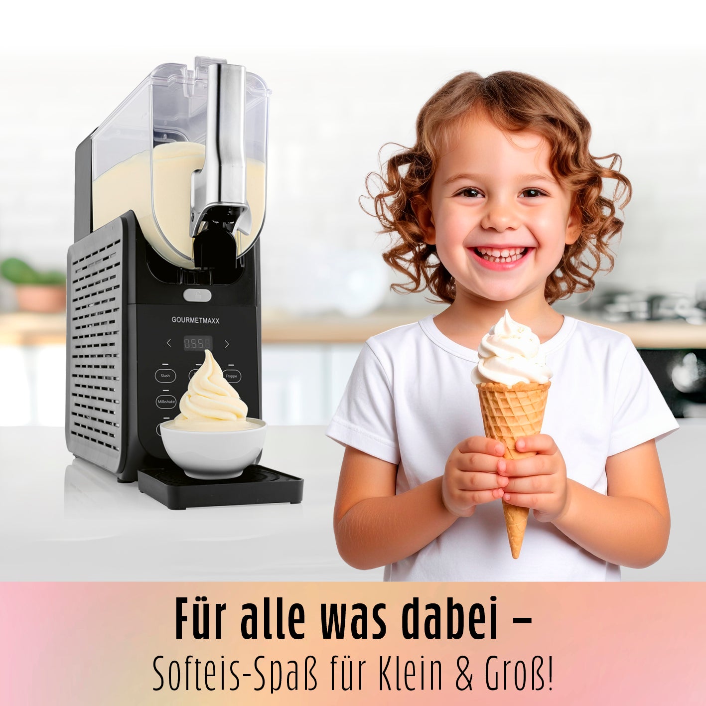 Slush Eis Maschine FreezeUp zeigt Kind mit Softeis, ideal für schnelle und leise Zubereitung von Eis und Slushgetränken.