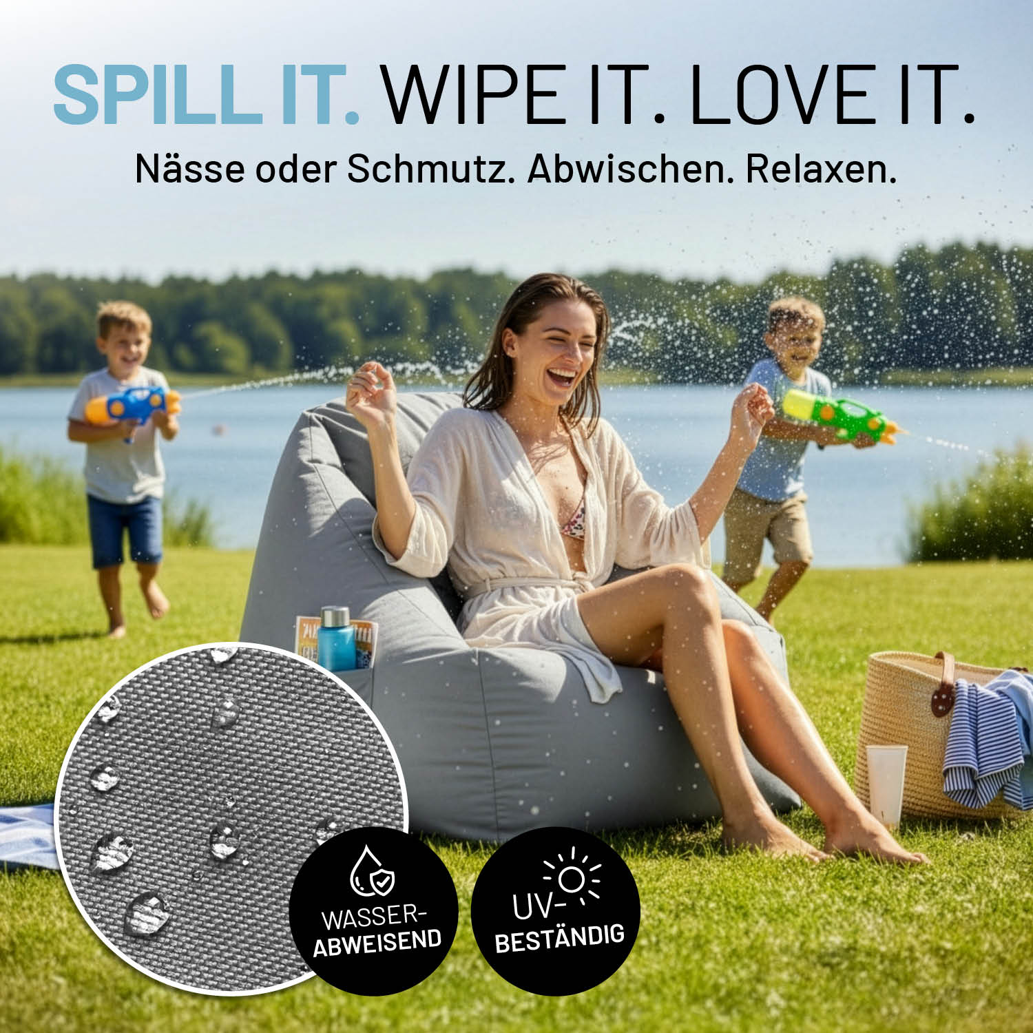 CrozyAir Luftsessel - 87 x 95 x 80/35 cm - Grau, wasserabweisend und UV-beständig, ideal für draußen am See mit spielenden Kindern.