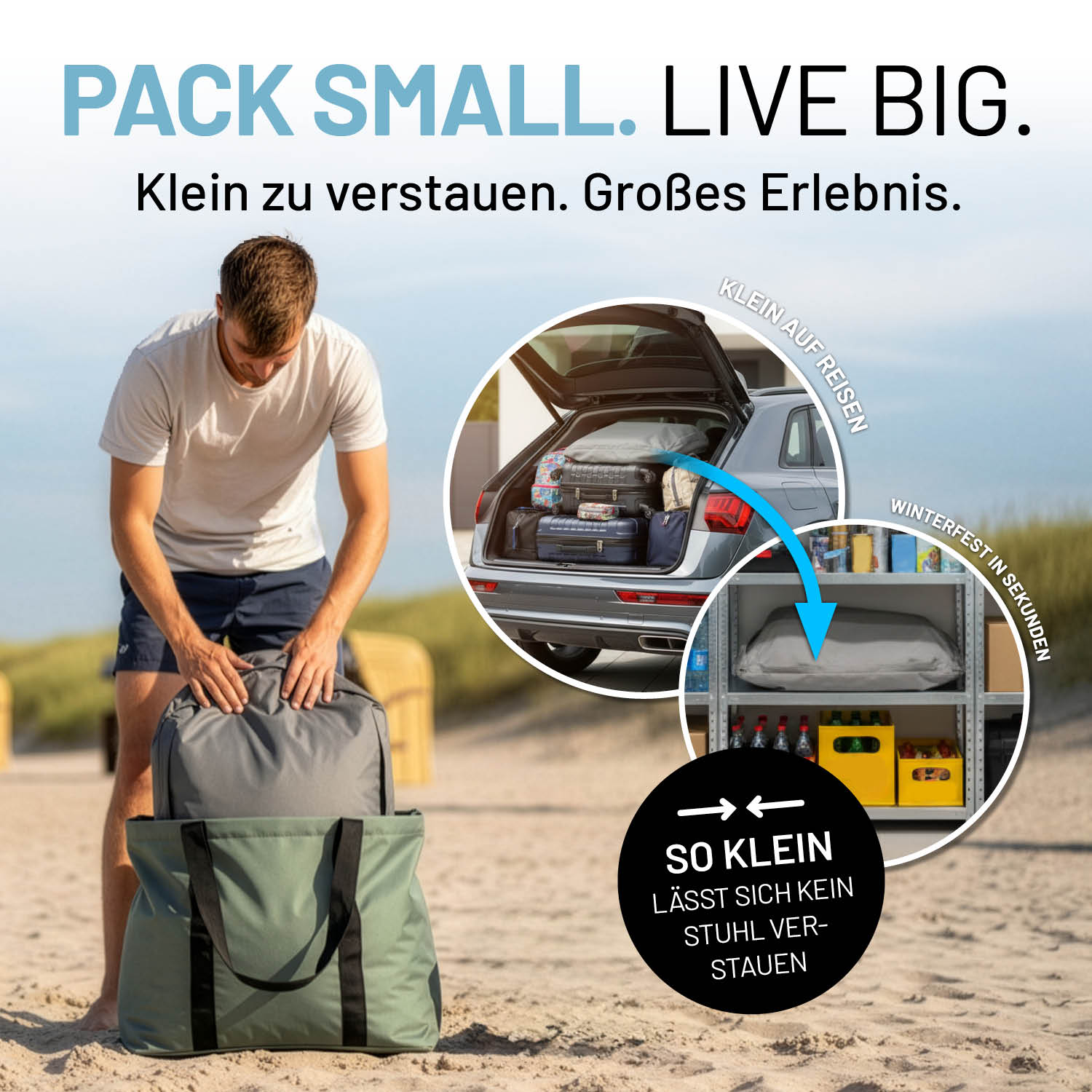 Mann verstaut CrozyAir Luftsessel - 87 x 95 x 80/35 cm - Grau kompakt in Tasche, ideal für Reisen und einfache Lagerung.