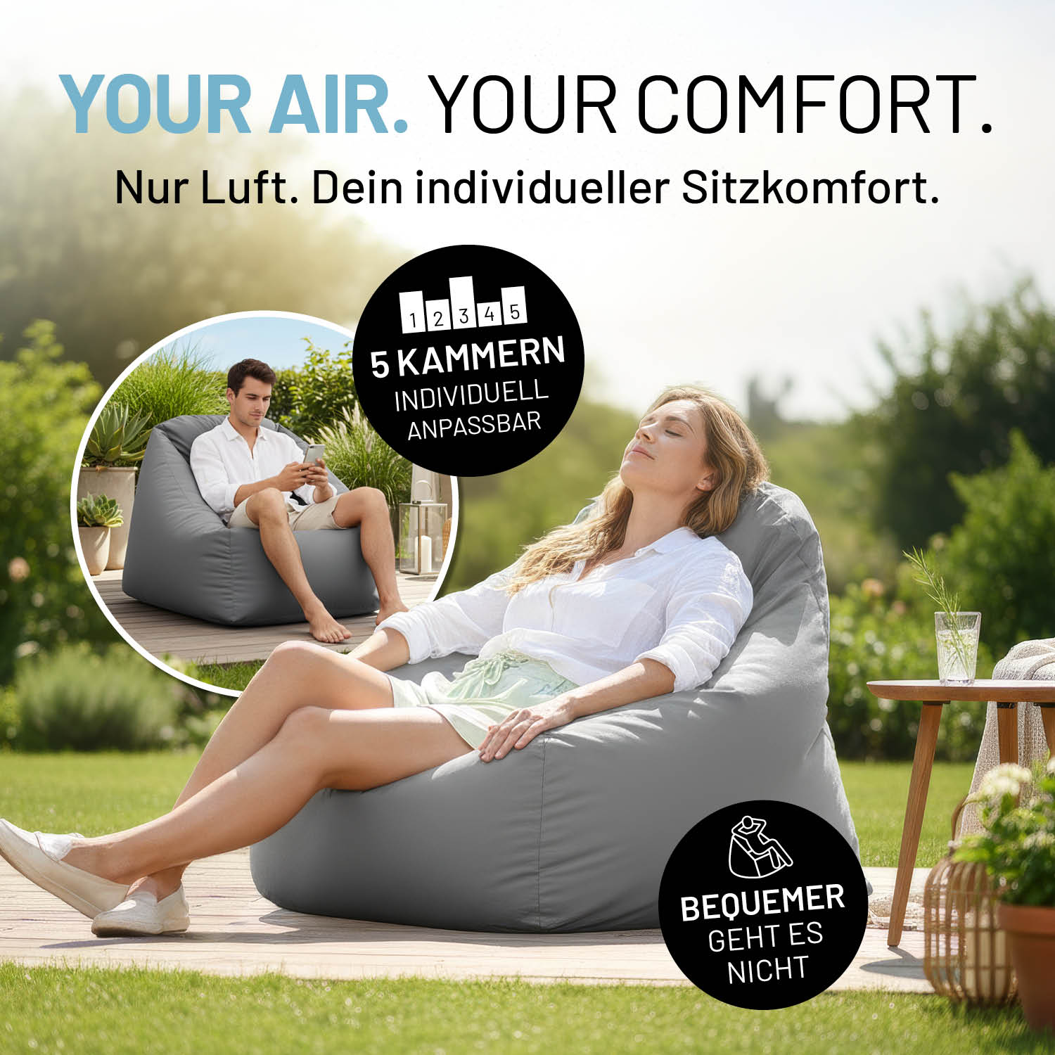 Frau entspannt im CrozyAir Luftsessel - 87 x 95 x 80/35 cm - Grau im Garten bei Sonnenschein mit bequemer Rückenlehne.