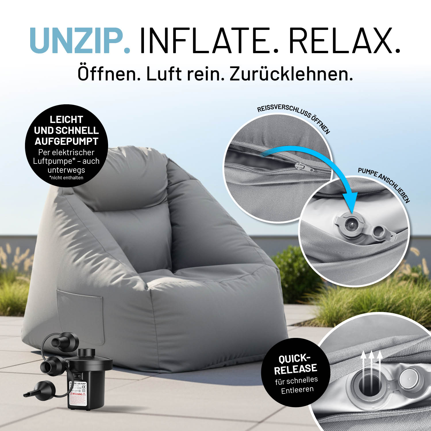 CrozyAir Luftsessel - 87 x 95 x 80/35 cm - Grau aufgeblasen mit Schnellverschluss und elektrischer Luftpumpe draußen auf Terrasse.