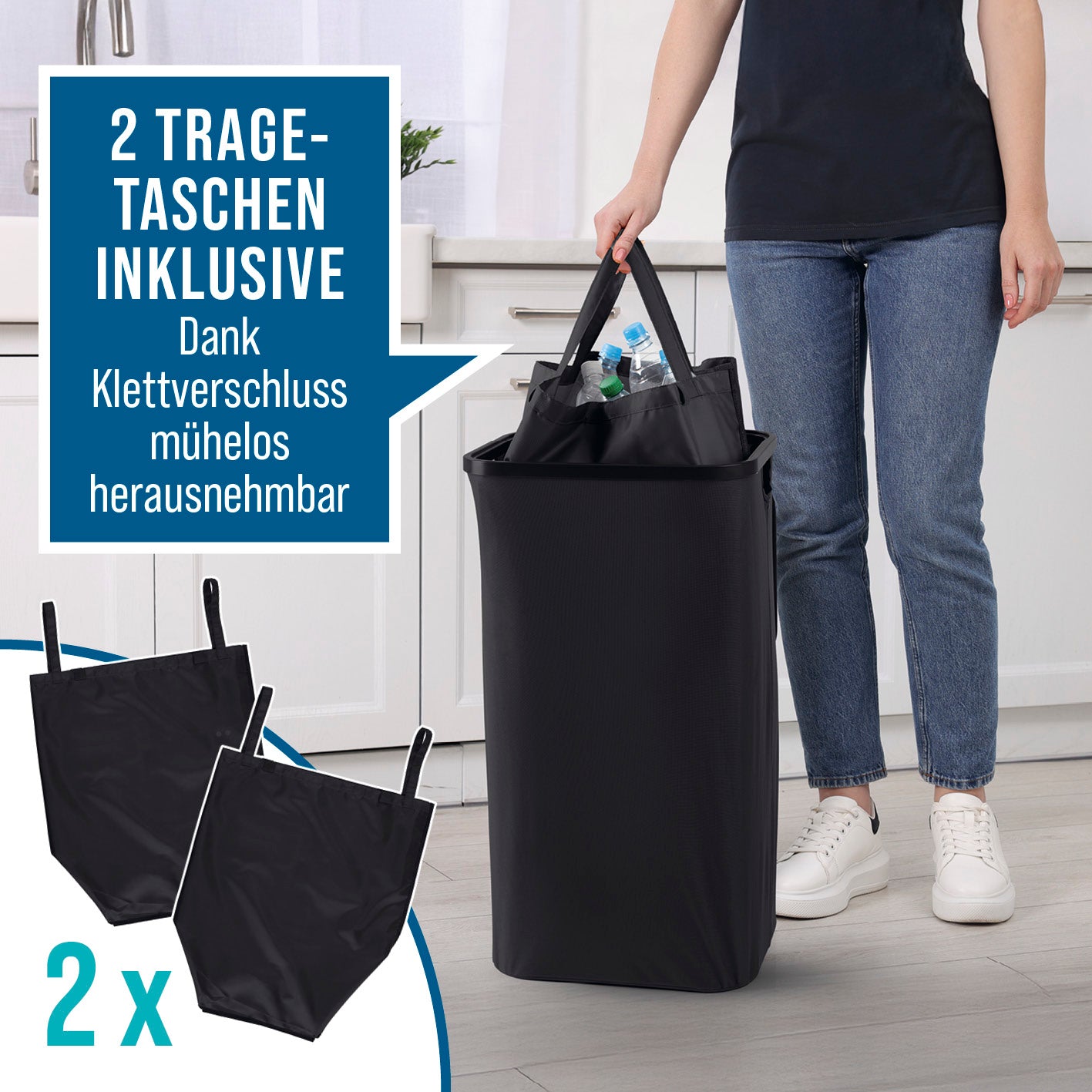 Pfandflaschen-Sammelbehälter inkl. Türhaken - Anthrazit mit zwei abnehmbaren Tragetaschen dank einfachem Klettverschluss.