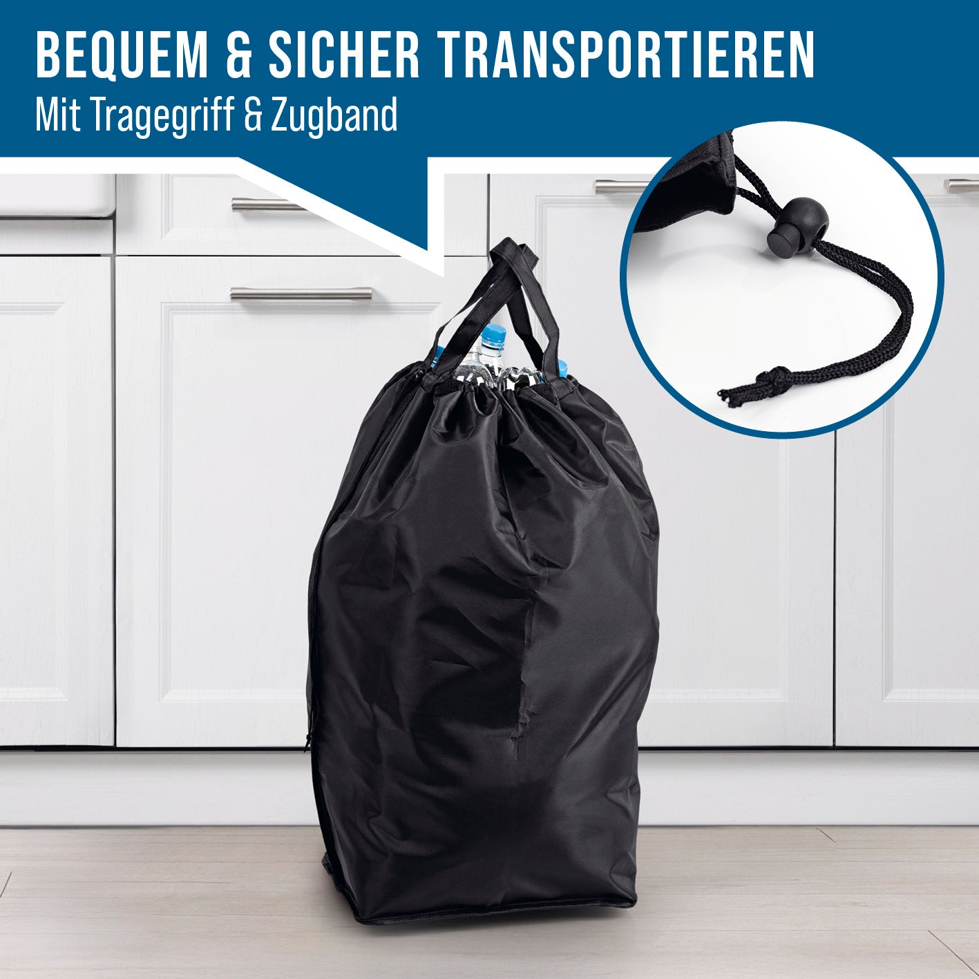 Pfandflaschen-Sammelbehälter inkl. Türhaken - Anthrazit mit praktischem Tragegriff und Zugband für sicheren und komfortablen Transport.
