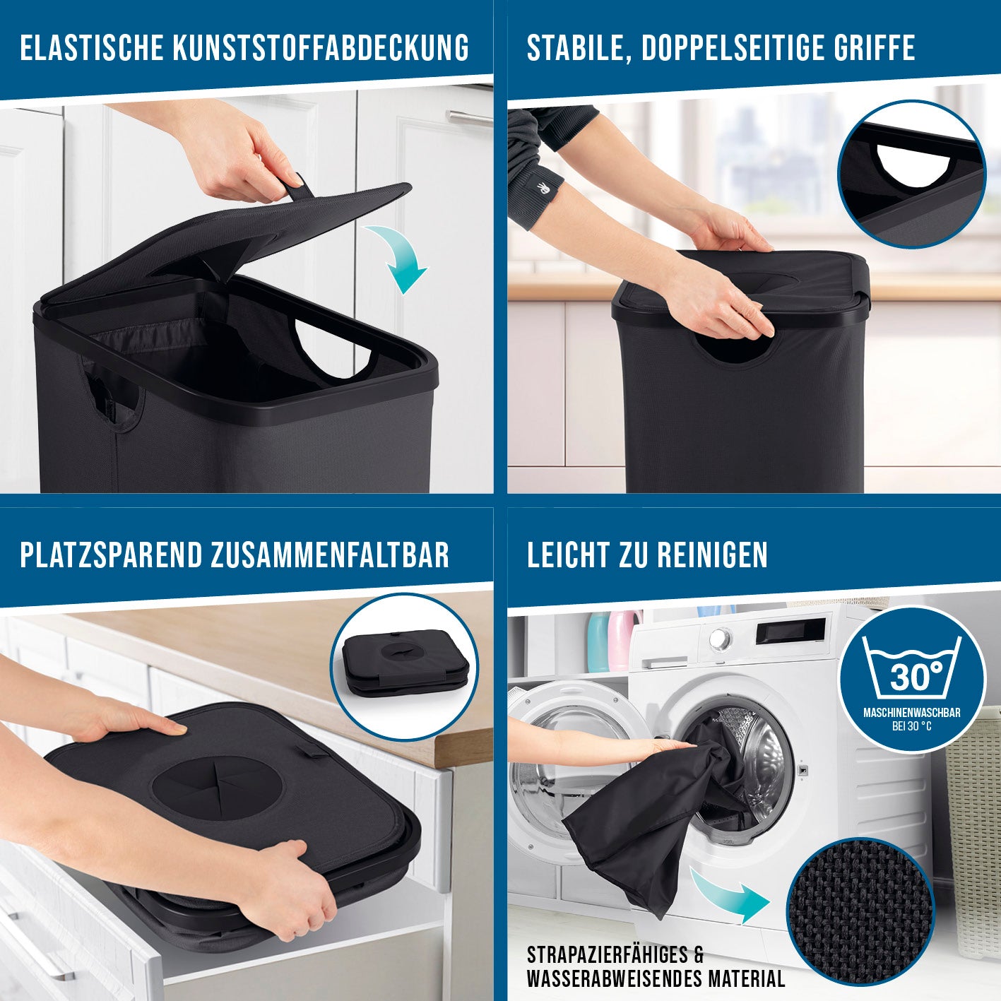 Pfandflaschen-Sammelbehälter inkl. Türhaken - Anthrazit mit elastischer Abdeckung, doppelseitigen Griffen, faltbar und waschbar bis 30 °C.