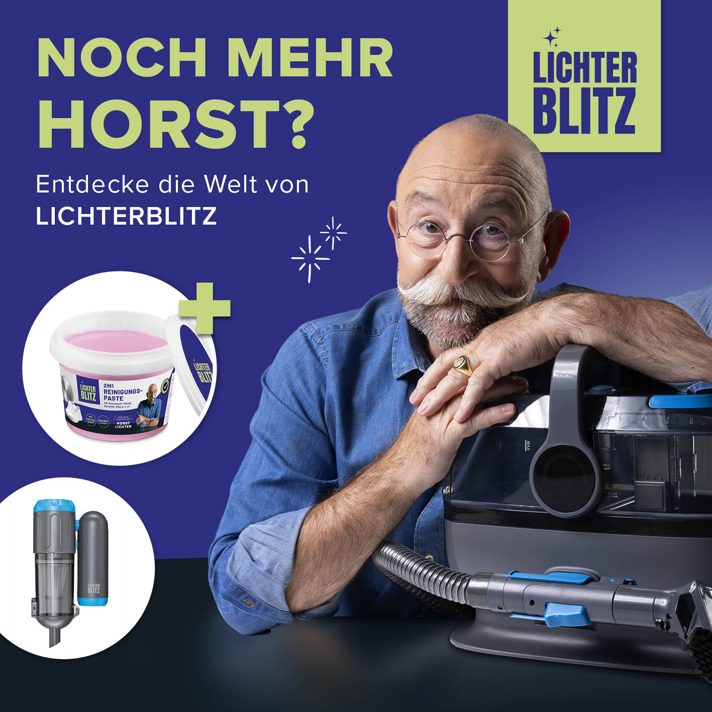 Galeriebild 8 des Waschsauger & Polsterreiniger Geräts mit Horst Lichter und Zubehör vor blauem Hintergrund quadratisch 1417x1417px
