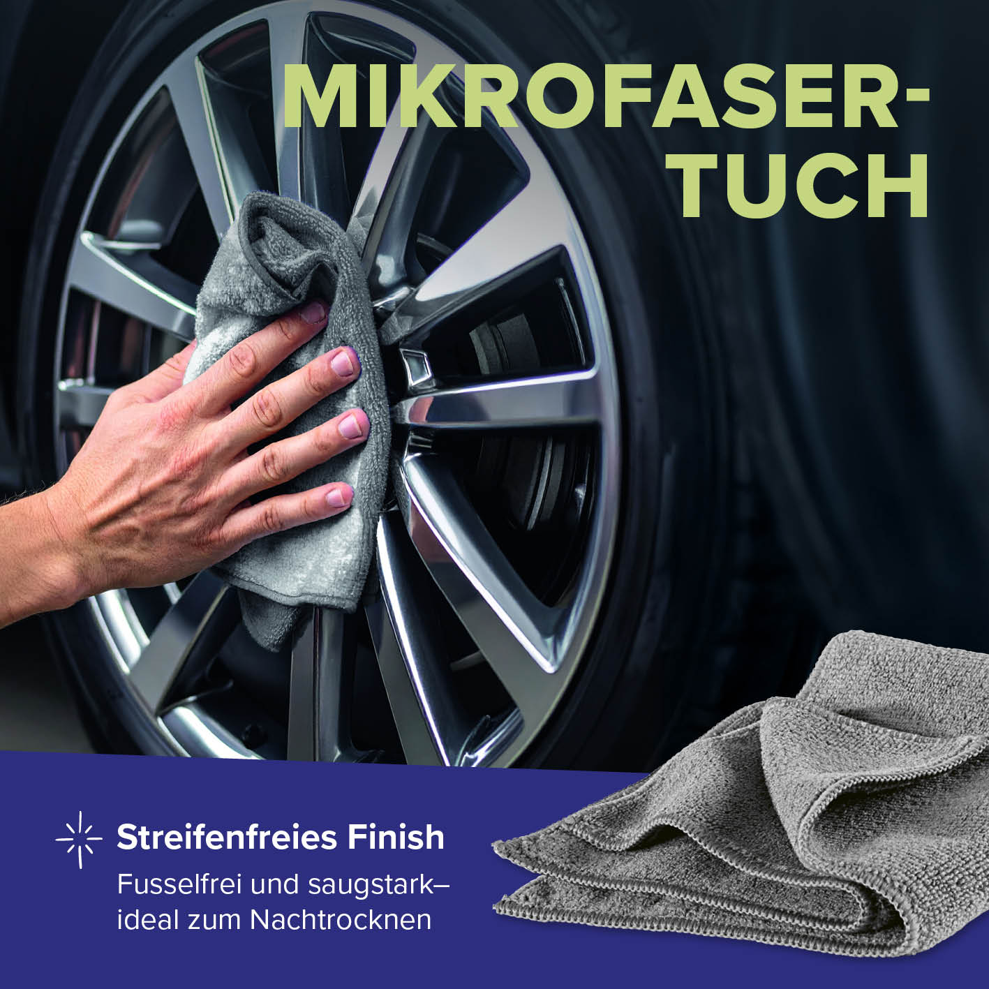 Reinigungsset Felgen – 4-tlg. mit Mikrofaser-Tuch für streifenfreien, fusselfreien Glanz und schonendes Nachtrocken der Felgen.
