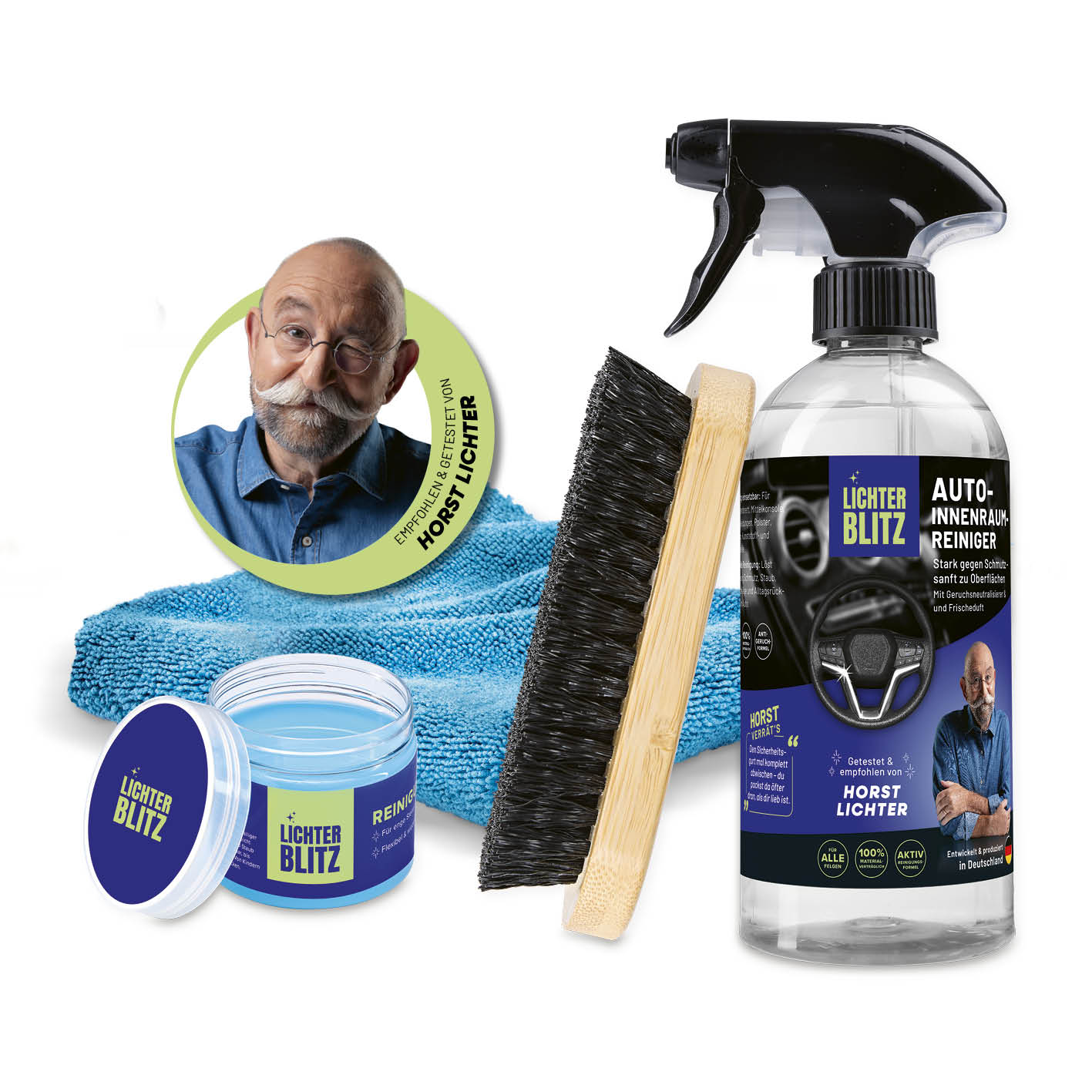 Reinigungsset Autoinnenräume – 4-teilig mit Bürste, Spray, Tuch und Pflegecreme für gründliche, schonende Autopflege innen.