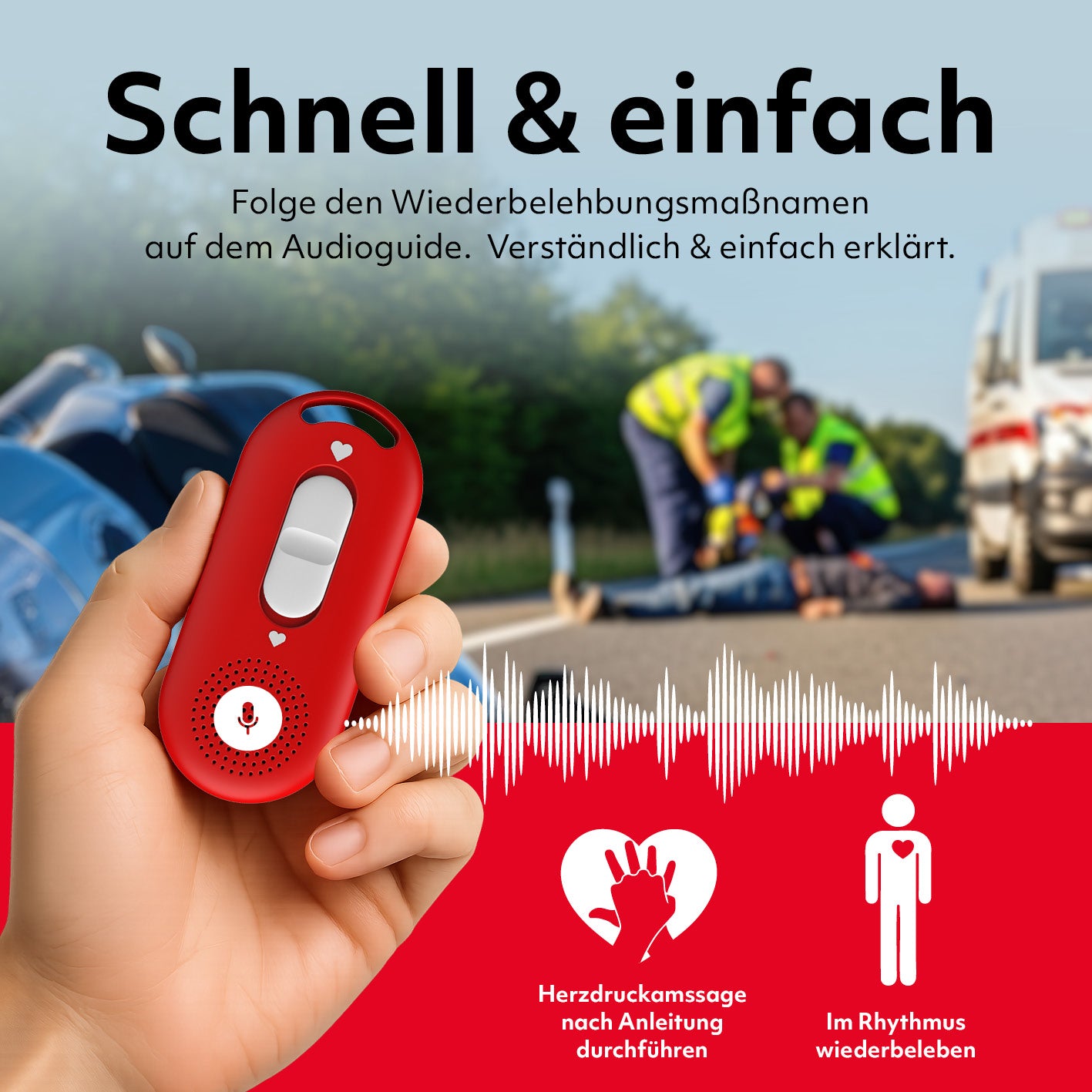 Hand hält Gerät, Hintergrund: Hilfeleistung bei Unfall, Audio-Reanimations-Anleitung – ohne App, sofort startklar für schnelle Wiederbelebung.