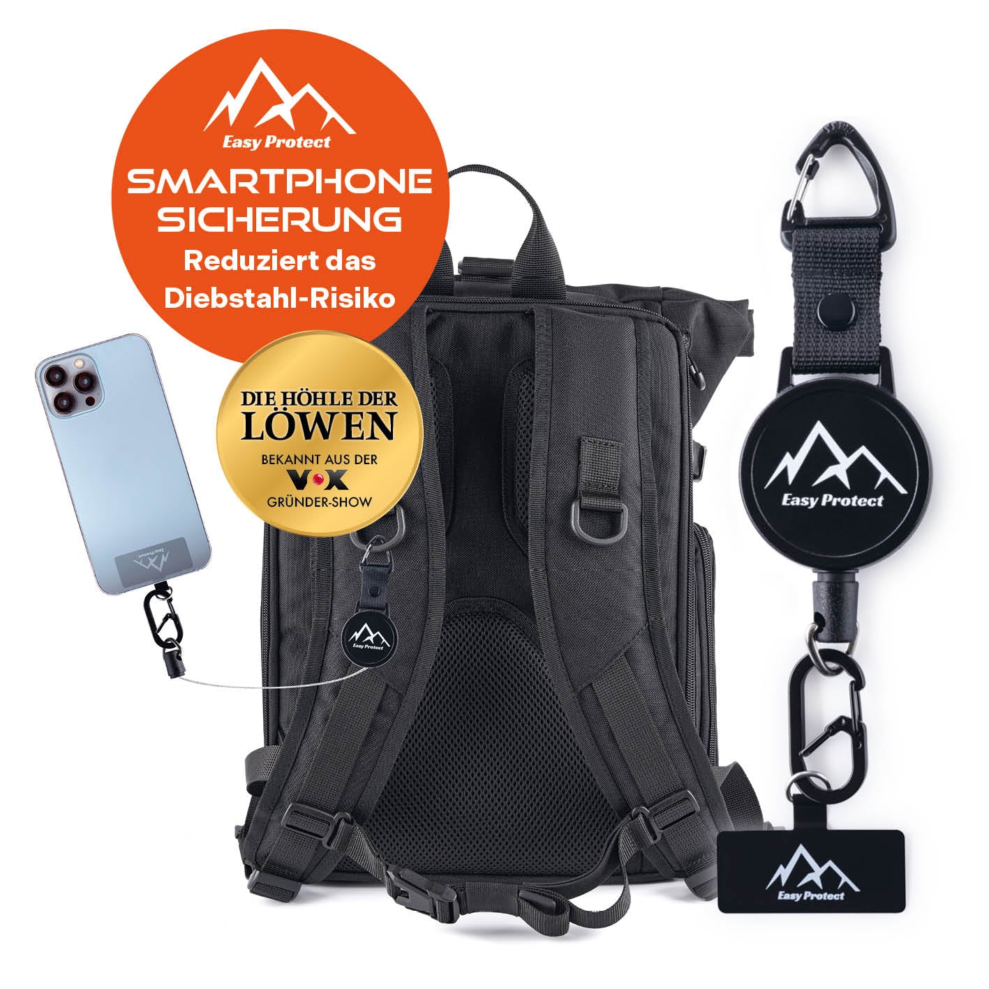 Handy Sicherung mit Stahlseil & Karabiner, 80 cm Anti-Drop Kabel zur Diebstahlprävention am Rucksack befestigt.