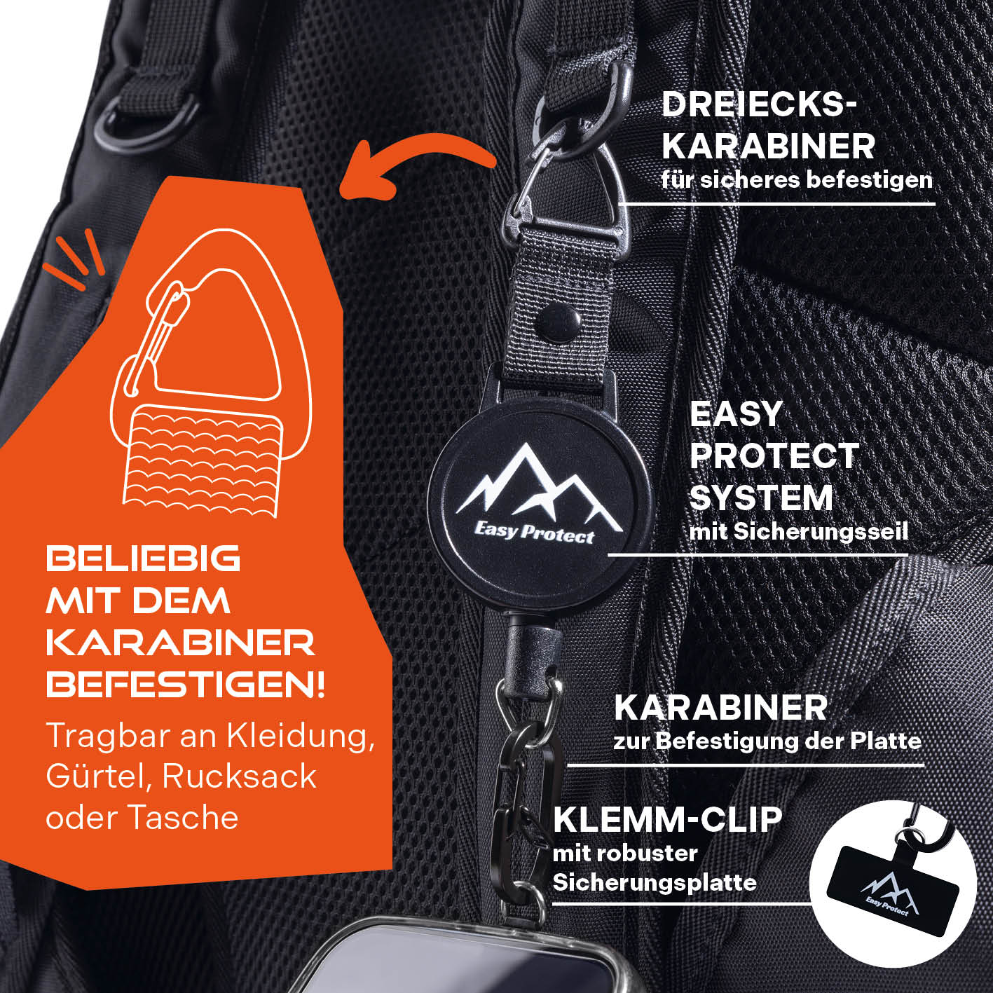 Handy Sicherung mit Stahlseil & Karabiner, 80 cm Anti-Drop Kabel zur sicheren Befestigung an Kleidung oder Rucksack.