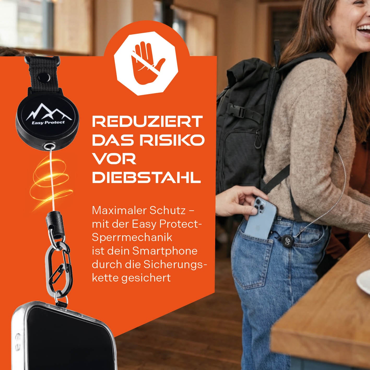 Handy Sicherung mit Stahlseil & Karabiner, 80 cm Anti-Drop Kabel schützt Smartphone sicher vor Diebstahl unterwegs.
