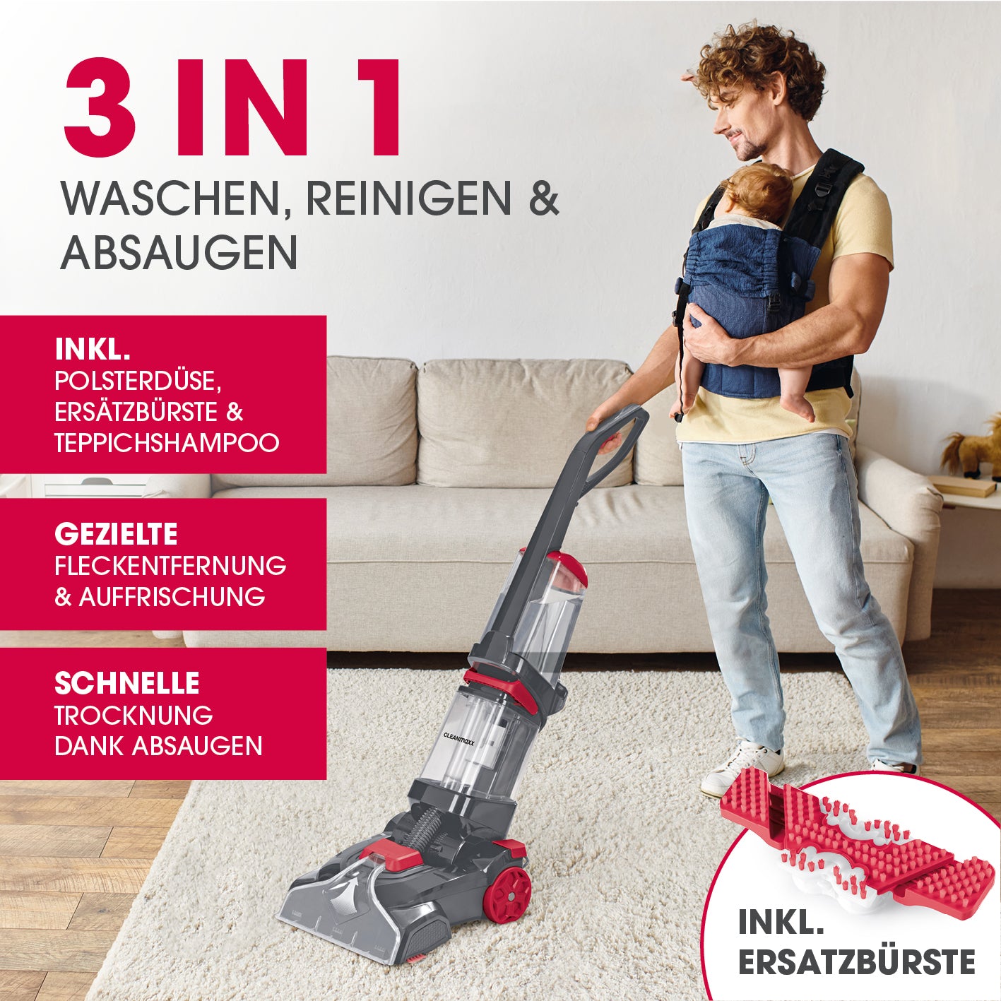 Mann reinigt Teppich mit Teppichreiniger AquaStream Plus, hält Baby in Trage, 3-in-1 Funktion Waschen, Reinigen und Absaugen