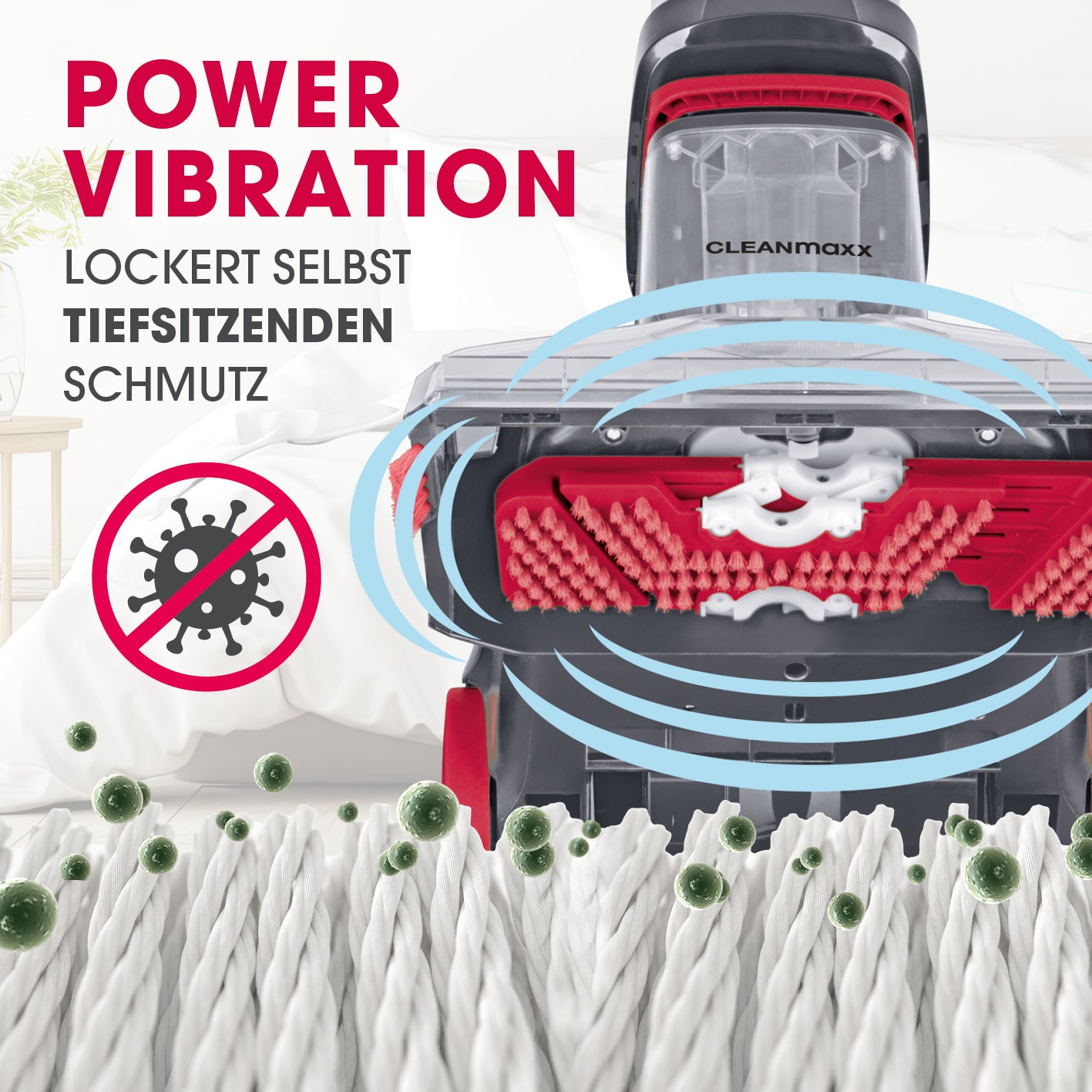 Teppichreiniger AquaStream Plus mit Power Vibration löst tiefsitzenden Schmutz für eine gründliche Teppichreinigung.