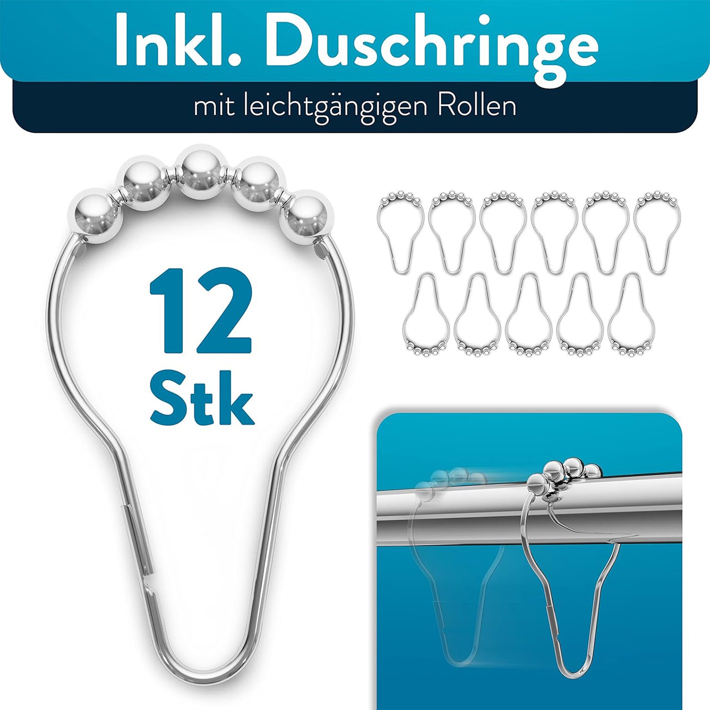 Duschvorhangstange - 115-215 cm mit 12 Duschringen in Galerie 2, quadratisches Bild 1417x1417, Detailansicht der Rollen