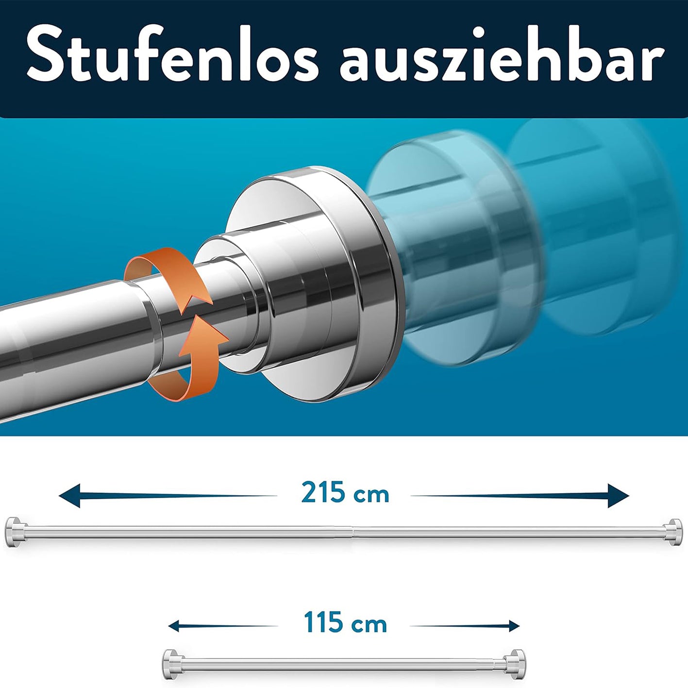 Duschvorhangstange - 115-215 cm in Galerieposition 3, quadratisch, stufenlos ausziehbar von 115 bis 215 cm Länge.