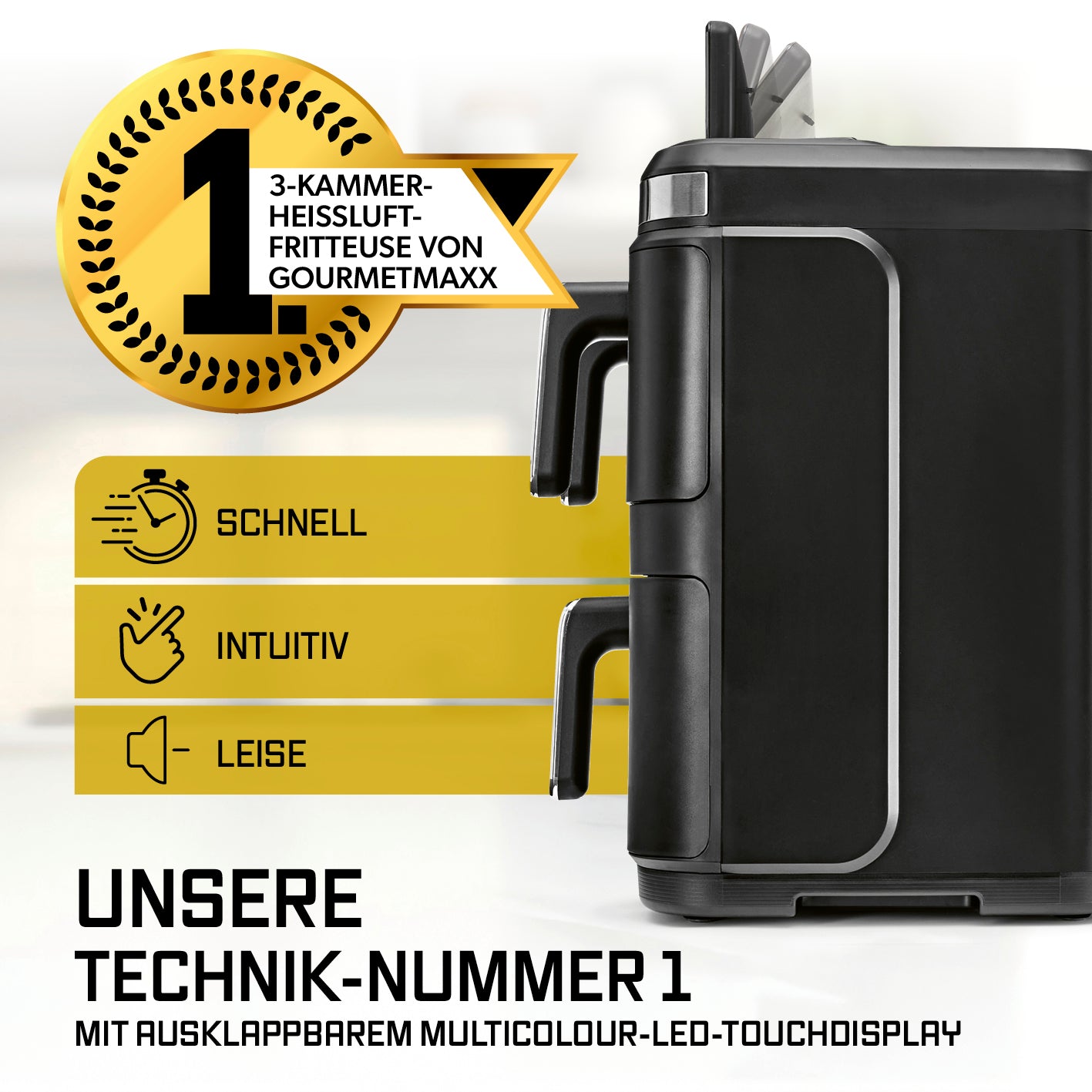 FryUp3 Vertikale 3-Kammer-Heißluftfritteuse mit Sichfenstern - 17 Liter (2 x 4, 1 x 9 l)
