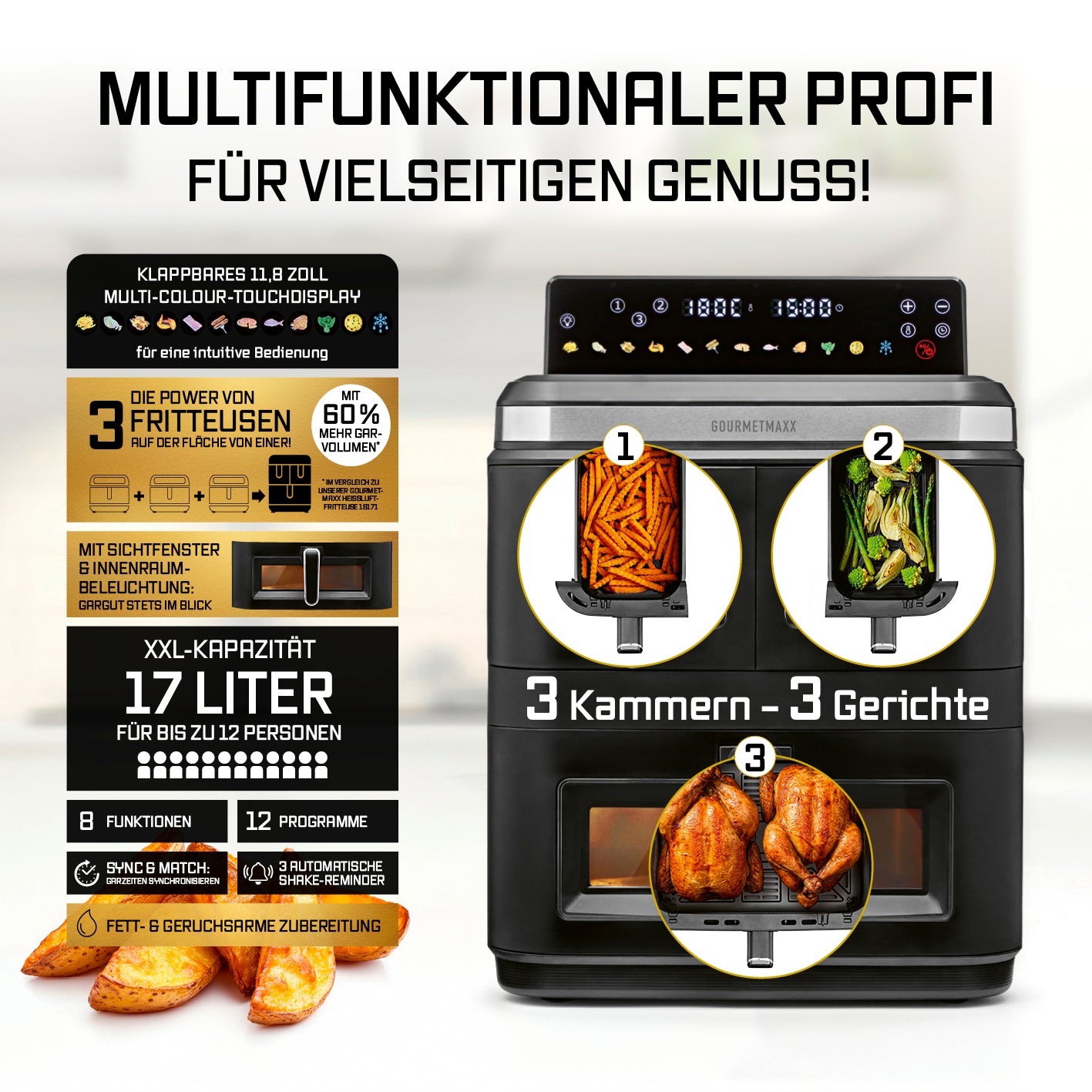 FryUp3 Vertikale 3-Kammer-Heißluftfritteuse mit Sichfenstern - 17 Liter (2 x 4, 1 x 9 l)