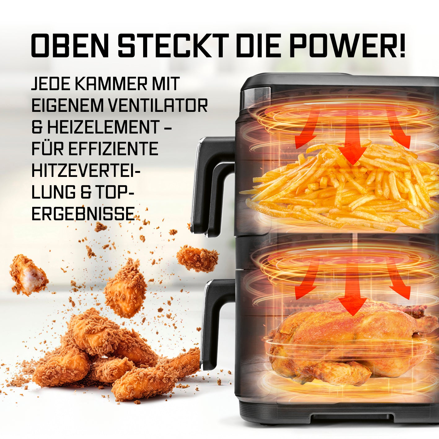 FryUp3 Vertikale 3-Kammer-Heißluftfritteuse mit Sichfenstern - 17 Liter (2 x 4, 1 x 9 l)