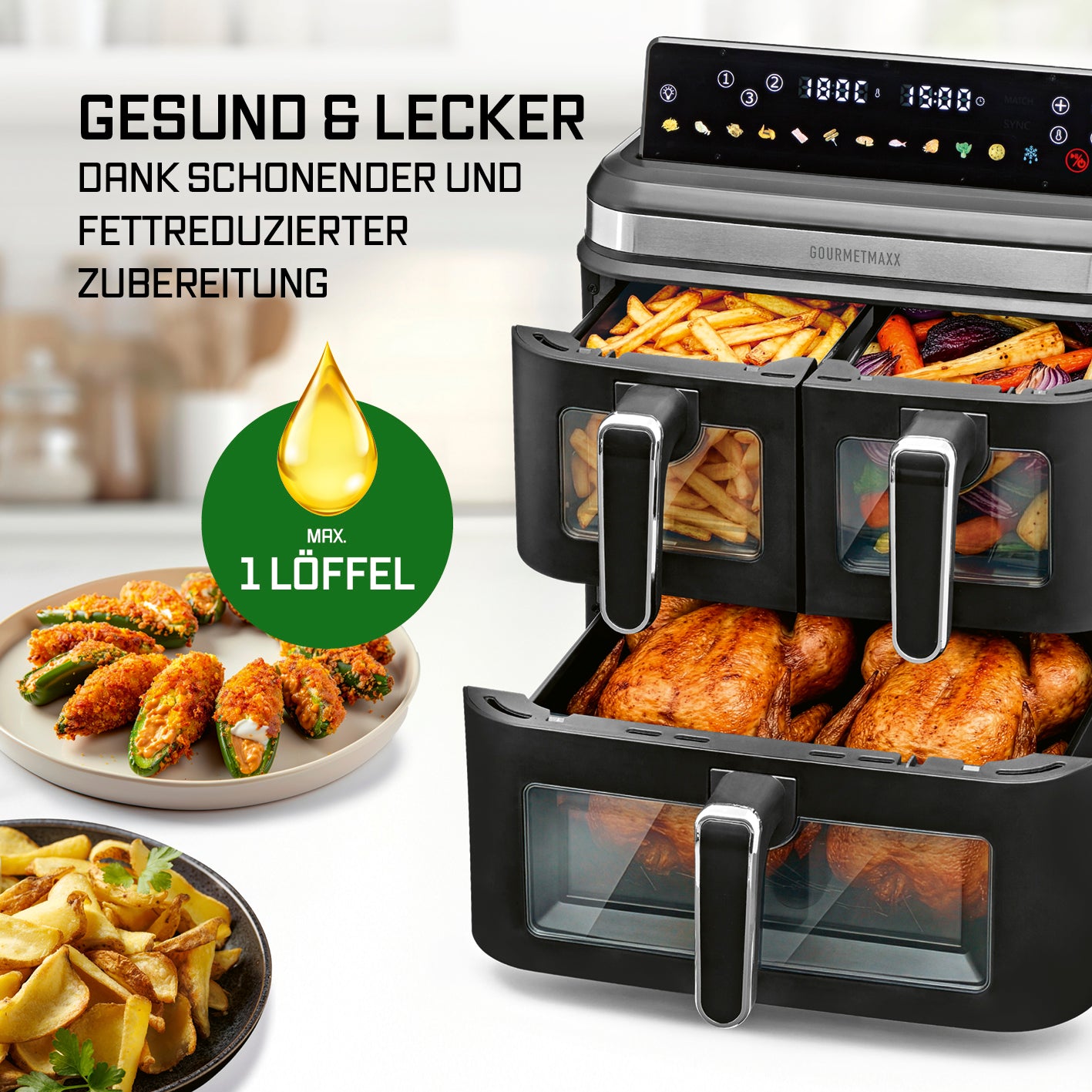 FryUp3 Vertikale 3-Kammer-Heißluftfritteuse mit Sichfenstern - 17 Liter (2 x 4, 1 x 9 l)