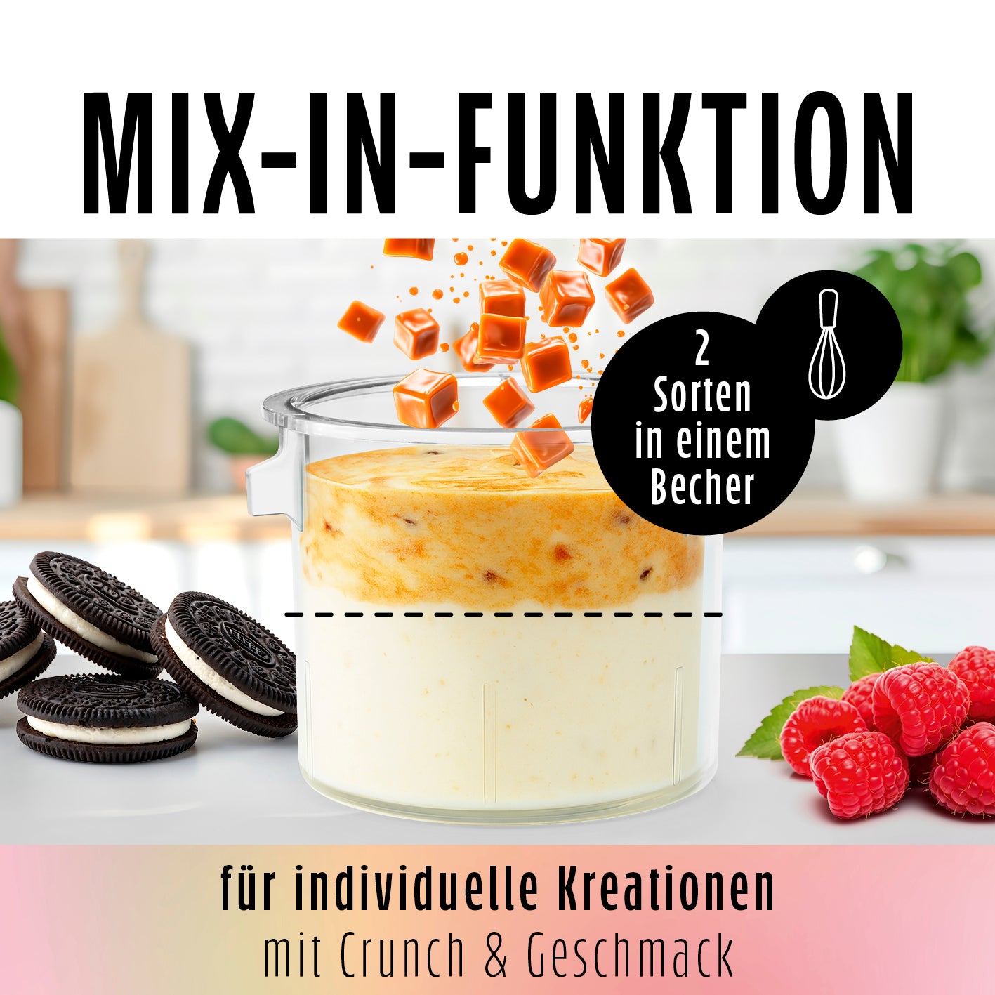 Eismaschine SmoothUp Touch mit Mix-in-Funktion für zwei Sorten Eis in einem Becher und individuelle Geschmackskreationen.