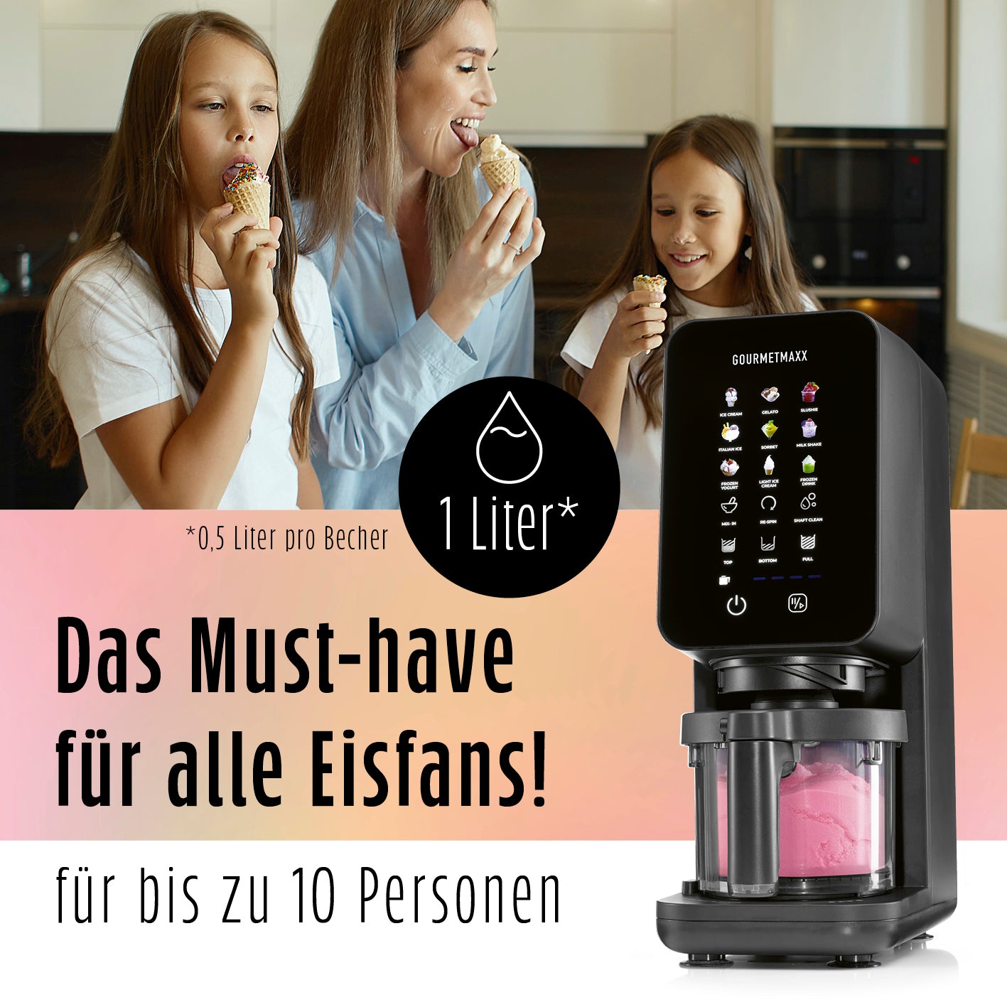 Familie genießt Eis aus der Eismaschine SmoothUp Touch mit 9 Programmen und 1 Liter Eis für bis zu 10 Personen.