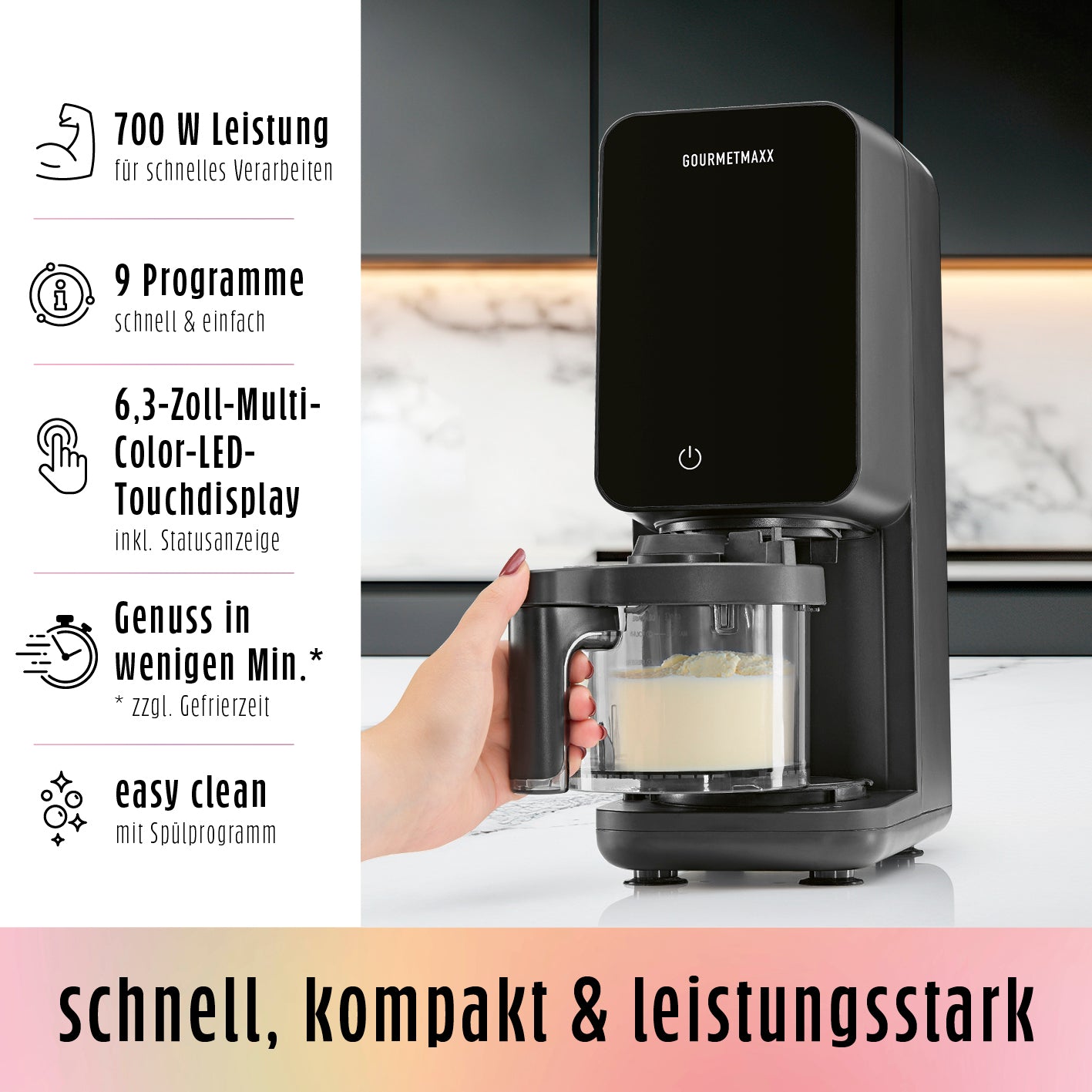 Eismaschine SmoothUp Touch mit 9 Programmen, Touchdisplay und 700 W Leistung, ideal für schnelle und einfache Eiscremezubereitung.