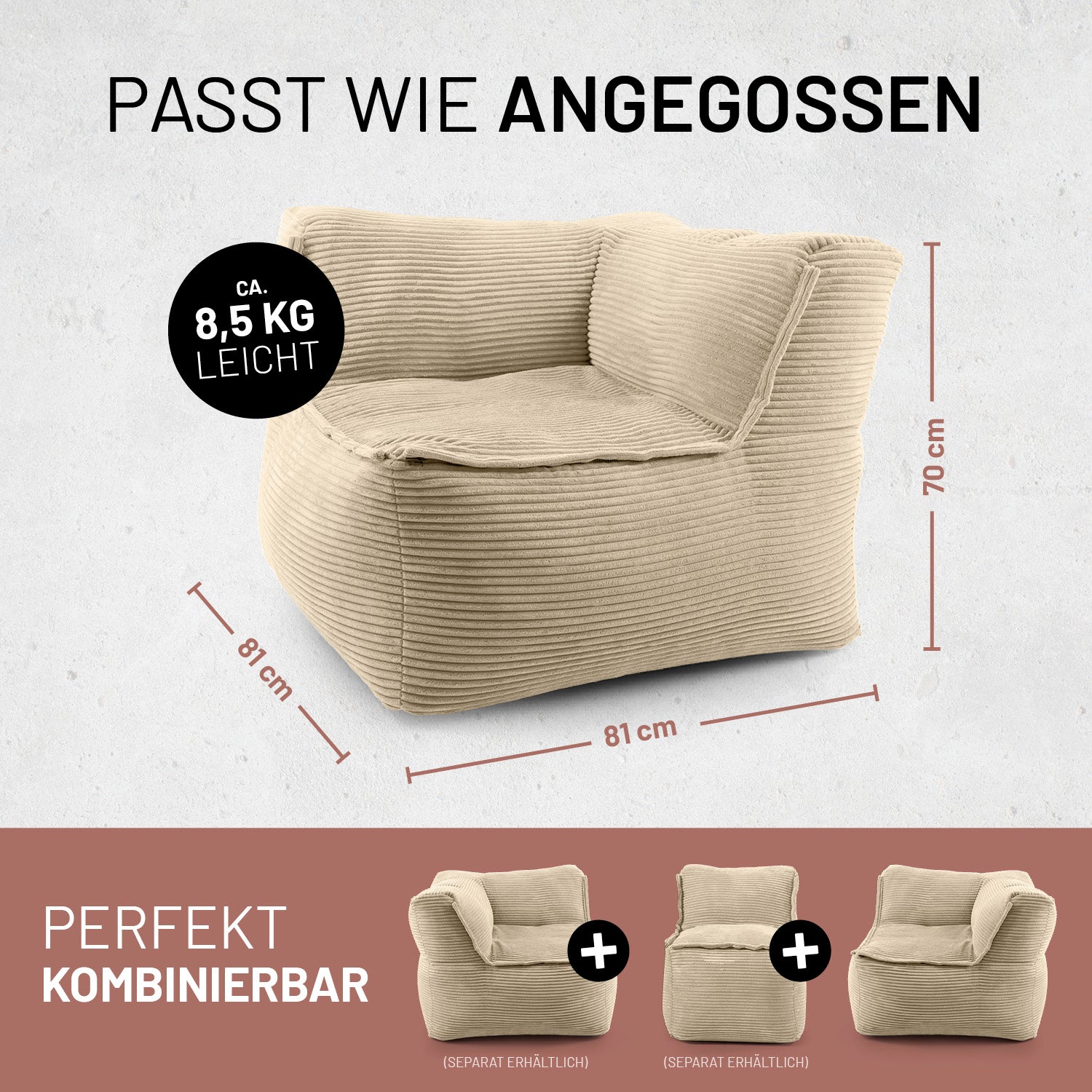 Modulares Eckteil rechts aus der LUMALAND Cord-Reihe - 340 L - 81 x 81 x 70 cm - Beige in gemütlichem Cordstoff mit Maße und Gewicht angezeigt.