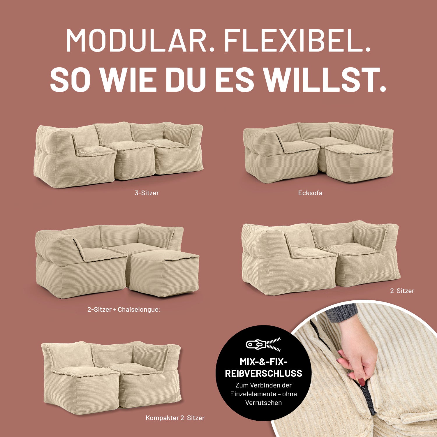 Modulares Eckteil rechts aus der LUMALAND Cord-Reihe beige, 340 L, 81x81x70 cm, flexible Kombinationsmöglichkeiten mit Mix-&-Fix-Reißverschluss.