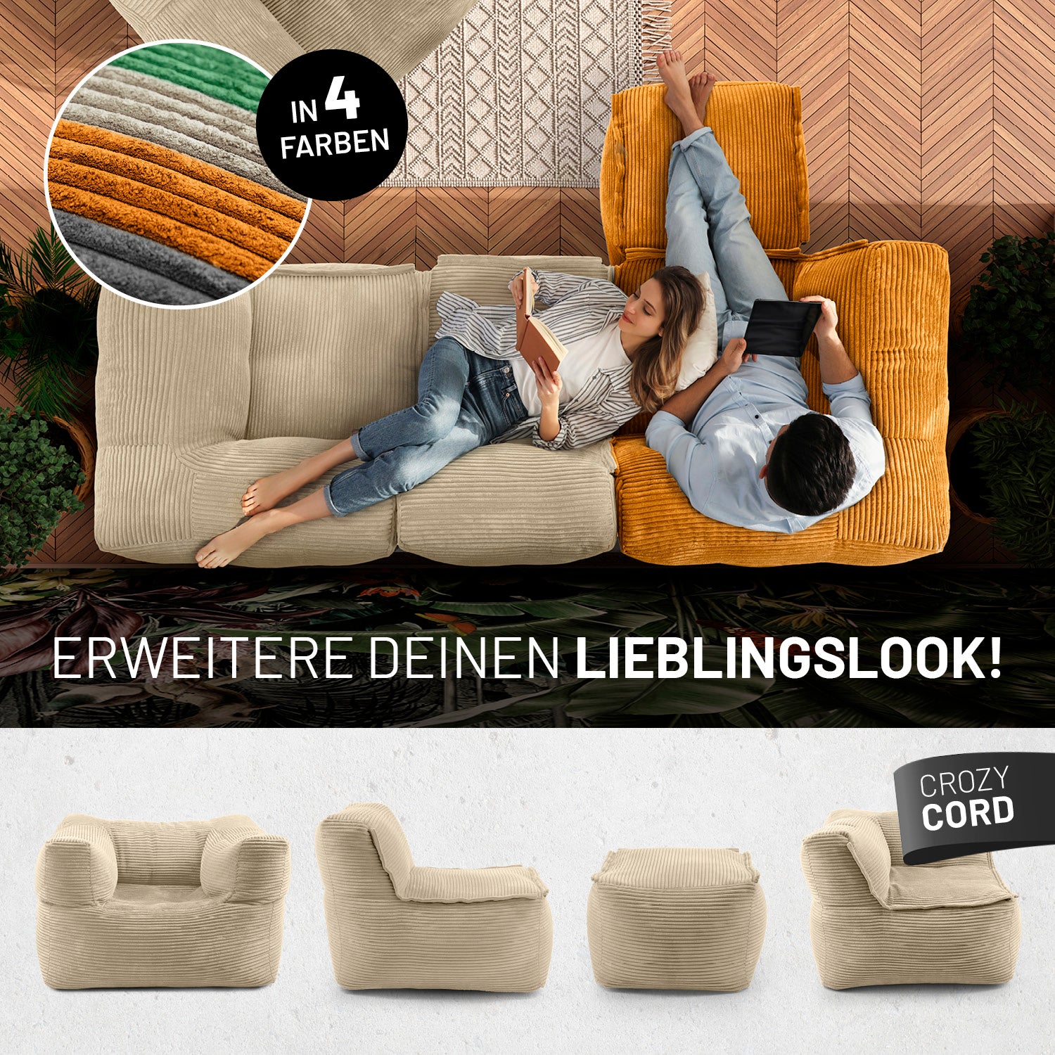 Modulares Eckteil rechts aus der LUMALAND Cord-Reihe - 340 L - 81 x 81 x 70 cm - Beige, bequem und vielseitig kombinierbar.