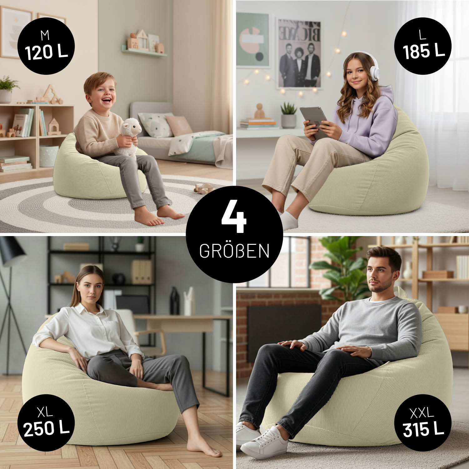 Comfort Line Sitzsack Feincord L - 185 L - Beige in modernem Wohnraum mit entspannter Person beim Lesen und Musik hören.