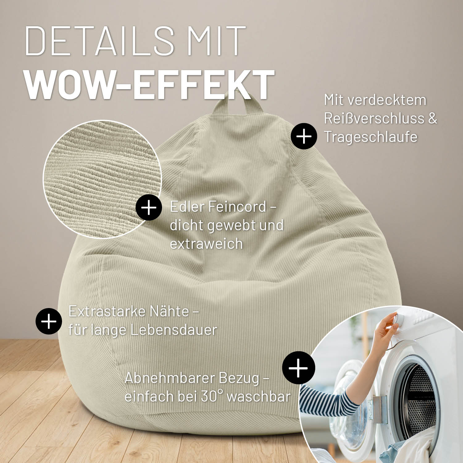 Comfort Line Sitzsack Feincord L - 185 L - Beige aus fein gewebtem, extraweichem Feincord mit abnehmbarem Bezug und Tragelasche.