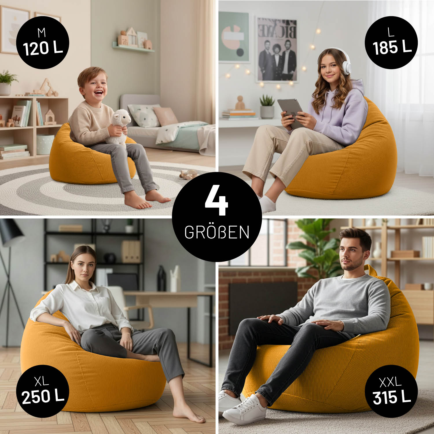 Comfort Line Sitzsack Feincord L - 185 L - Senfgelb mit bequemer, runder Form und weichem Cordstoff, ideal zum Entspannen und Lesen.