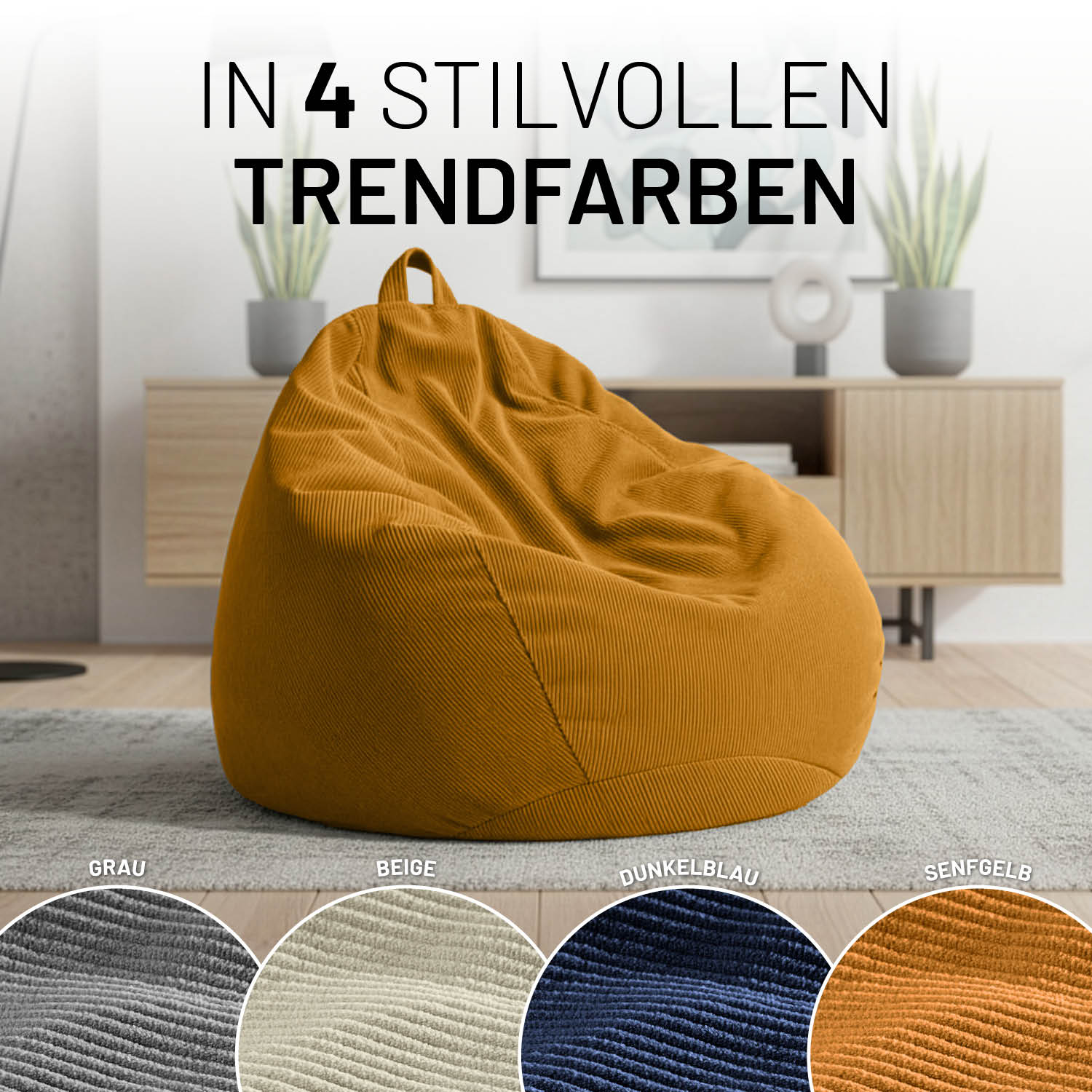 Comfort Line Sitzsack Feincord L - 185 L - Senfgelb in modernem Wohnraum mit trendigem Cordstoff und kräftiger Farbe.