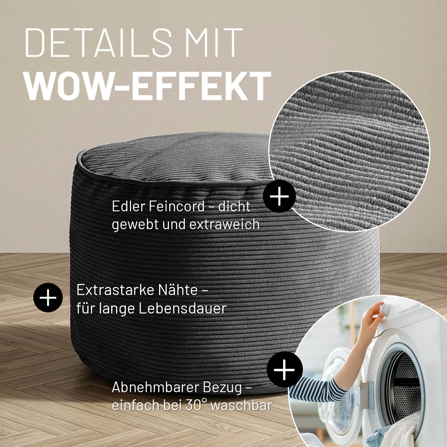 Comfort Line Pouf Feincord - 25 x 40 cm - 50 l - Grau