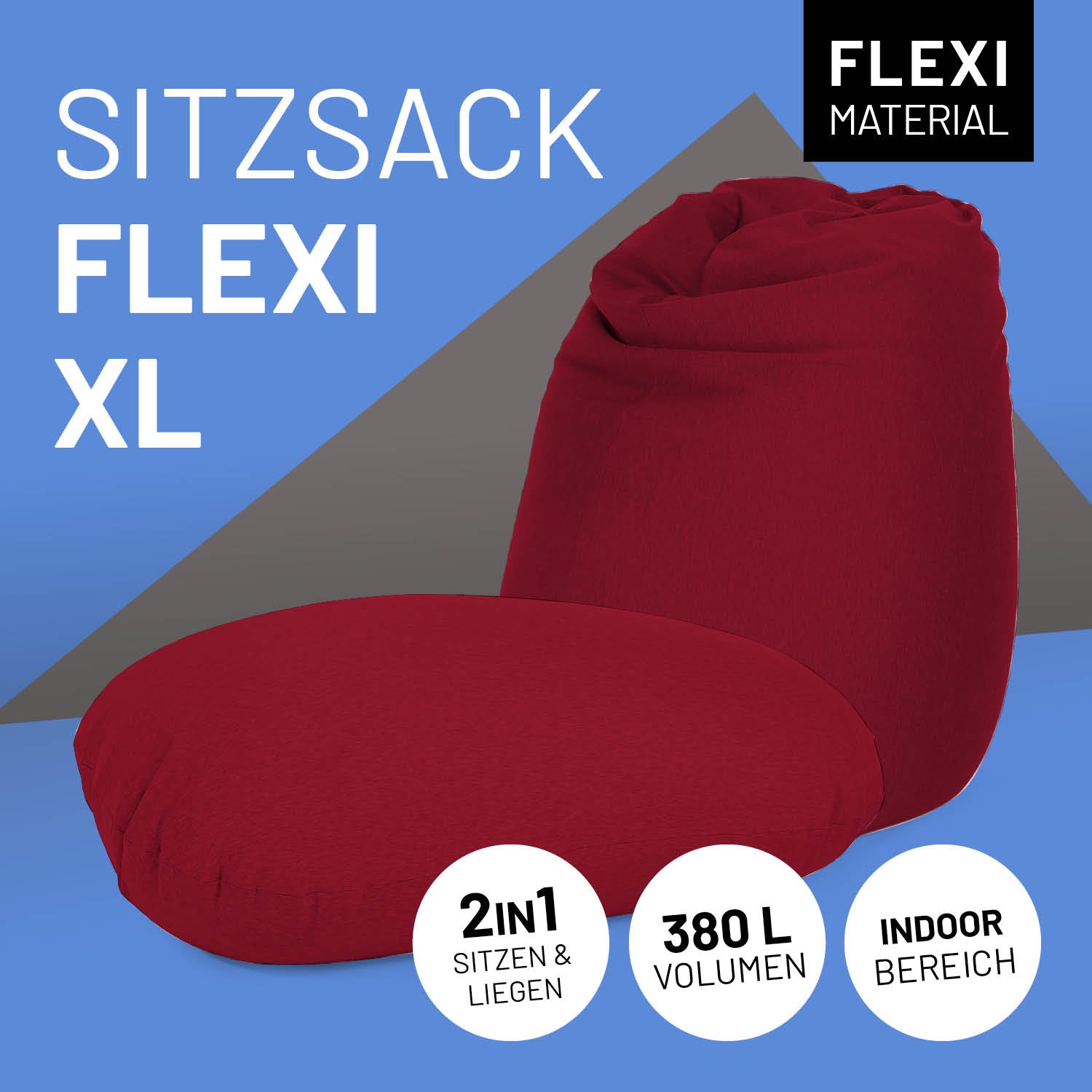 Flexi Comfort Sitzsack (380 L) in Rot, indoor, passt sich der Sitzhaltung an, bietet flexibles Sitzen und Liegen mit 2in1 Design.