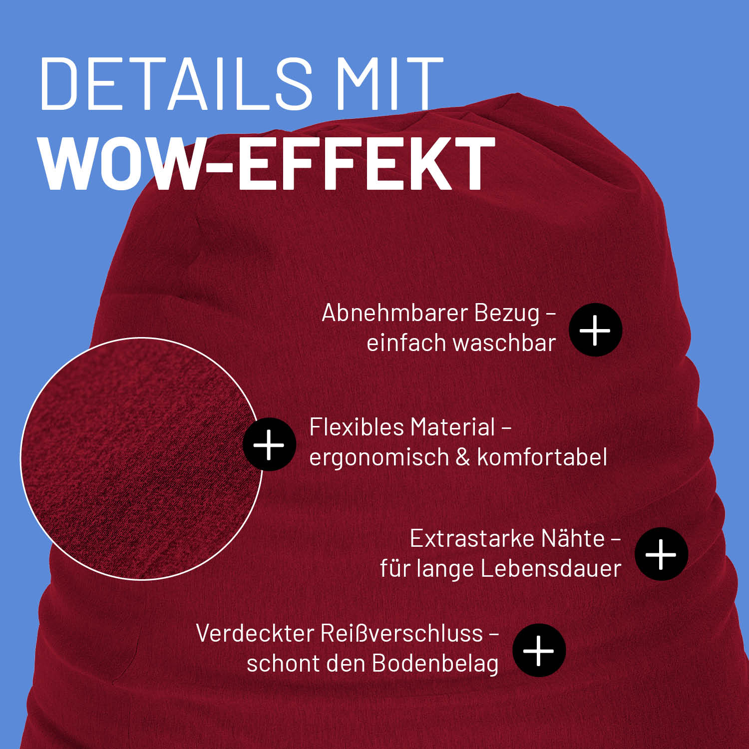 Flexi Comfort Sitzsack (380 L) Rot mit abnehmbarem Bezug, flexiblem Material und verdecktem Reißverschluss für hohen Komfort.