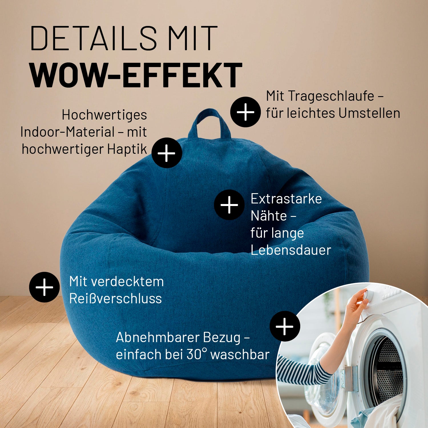 Comfort Line Sitzsack M (120 L) - indoor - Dunkelblau aus hochwertigem Material mit Trageschlaufe und abnehmbarem, waschbarem Bezug.