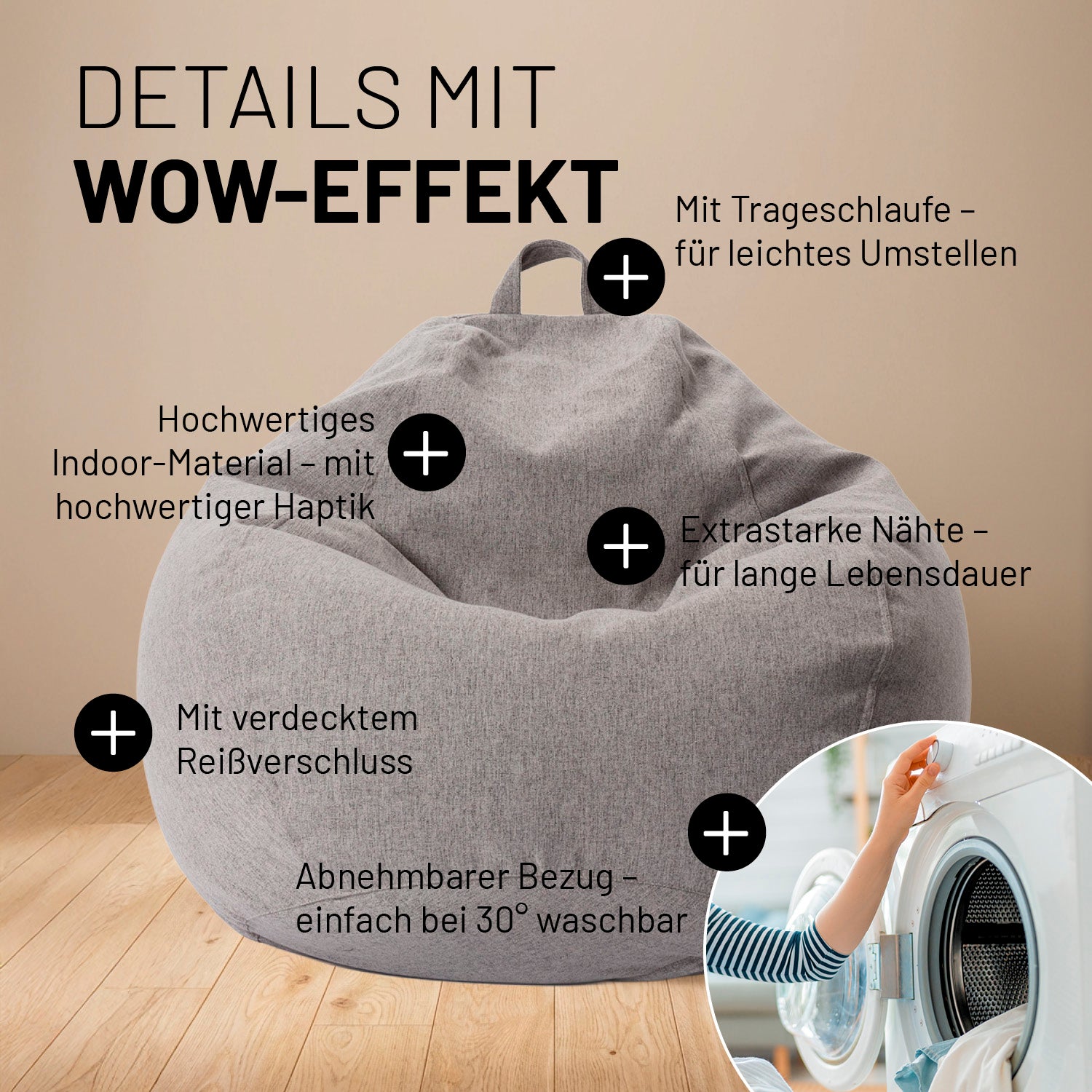 Comfort Line Sitzsack M (185 L) - indoor - Hellgrau mit weichem Material, Trageschlaufe, starken Nähten und abnehmbarem, waschbarem Bezug.