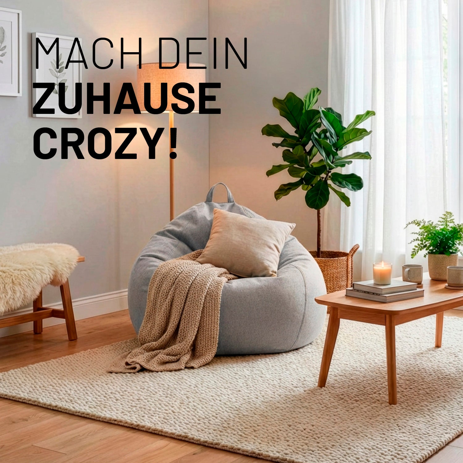 Comfort Line Sitzsack M (185 L) - indoor - Hellgrau in modernem Wohnzimmer mit Kissen und Decke gemütlich dekoriert.