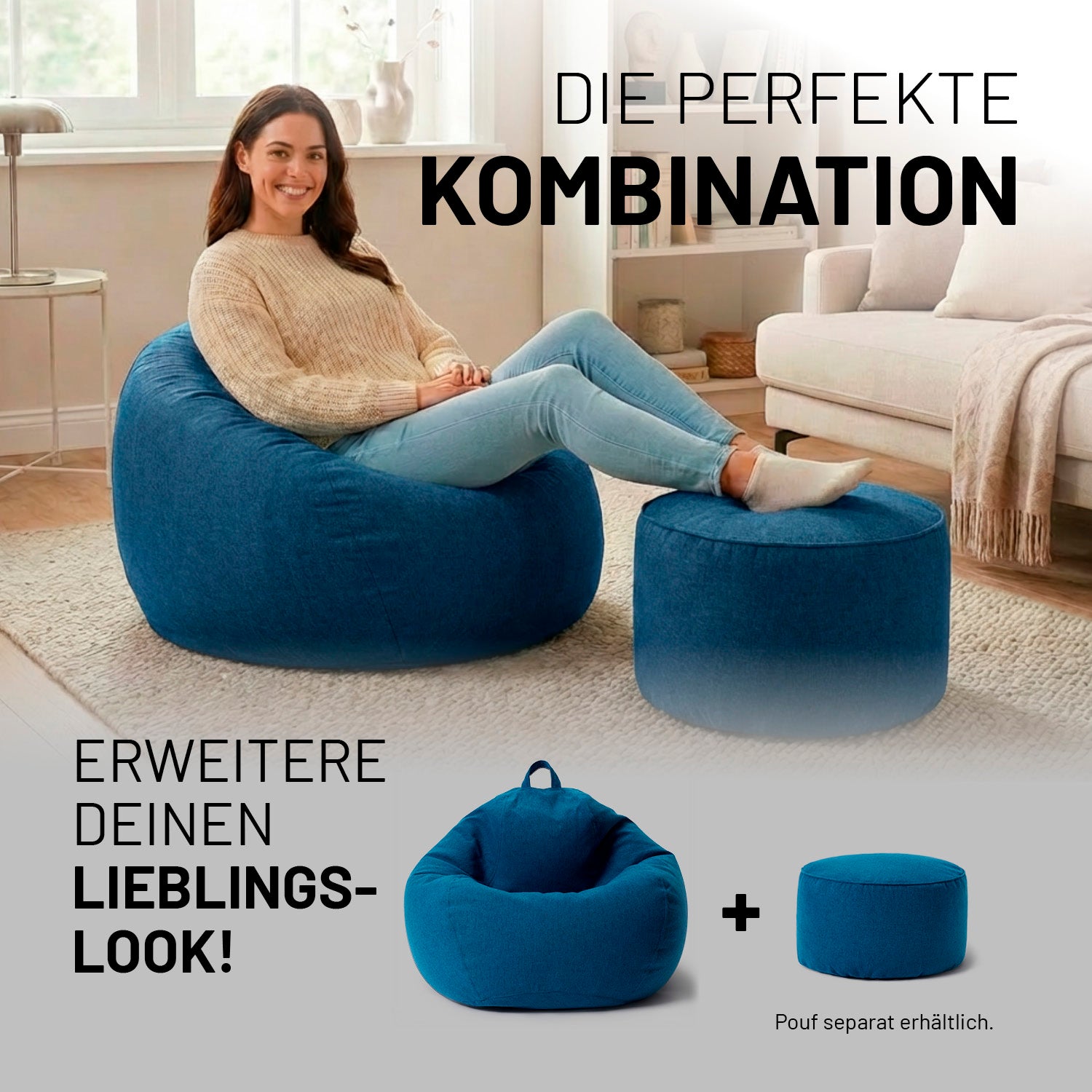 Comfort Line Sitzsack L (185 L) - indoor - Dunkelblau mit passendem Pouf für gemütliche Wohnbereiche.
