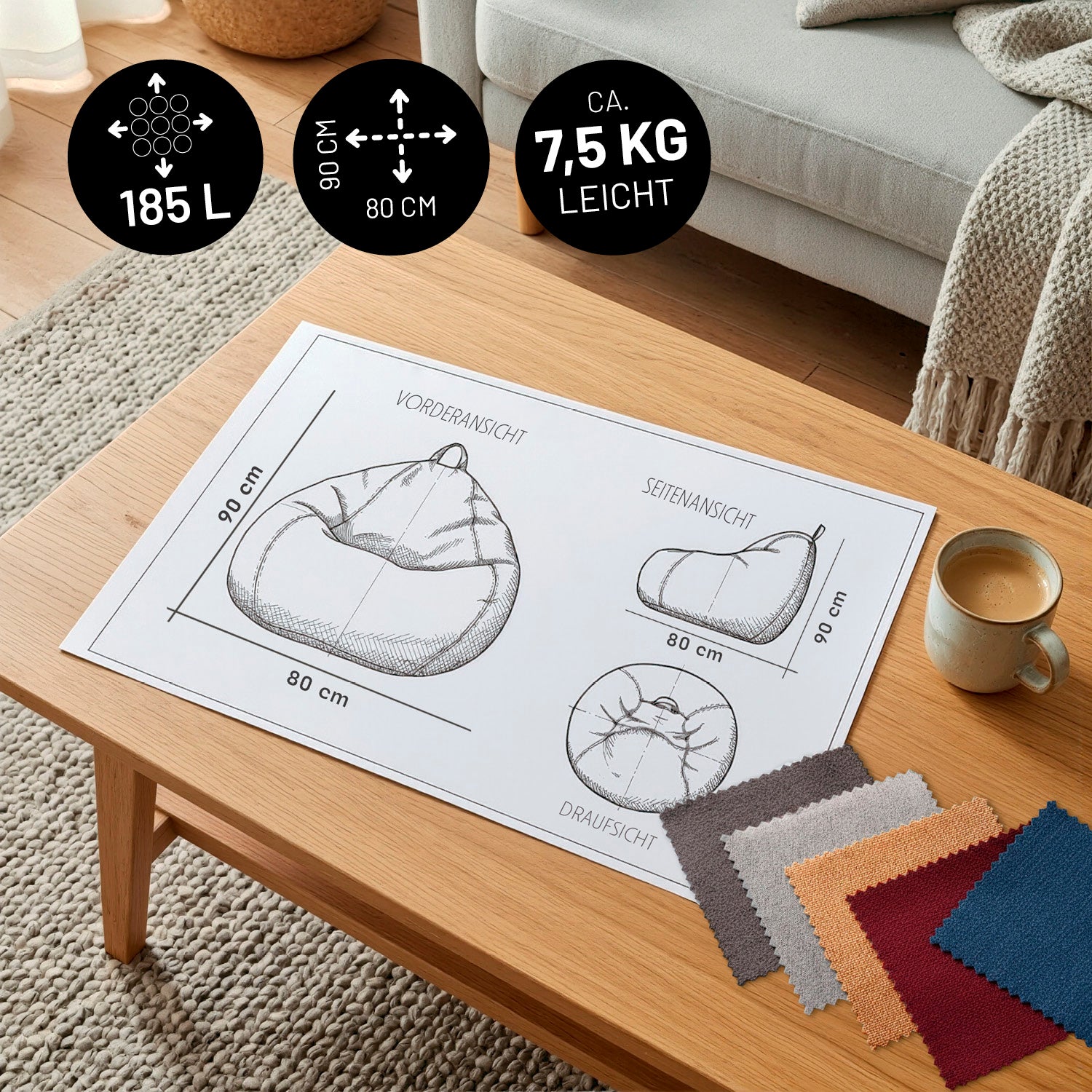 Comfort Line Sitzsack (185 L) - indoor - Braun mit Maßen 90x80 cm, ca. 7,5 kg, Stoffproben auf Holztisch neben Couch und Tasse.