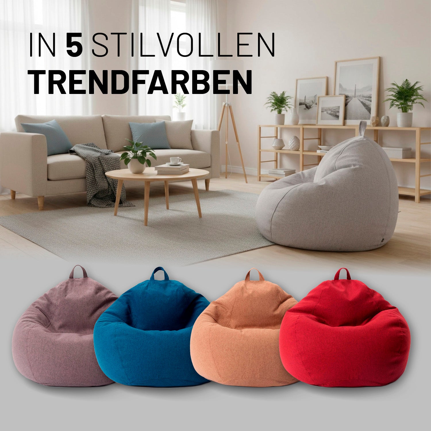 Comfort Line Sitzsack XXL (315 L) - indoor - Hellgrau in modernem Wohnzimmer, weich und stilvoll in fünf Trendfarben verfügbar.