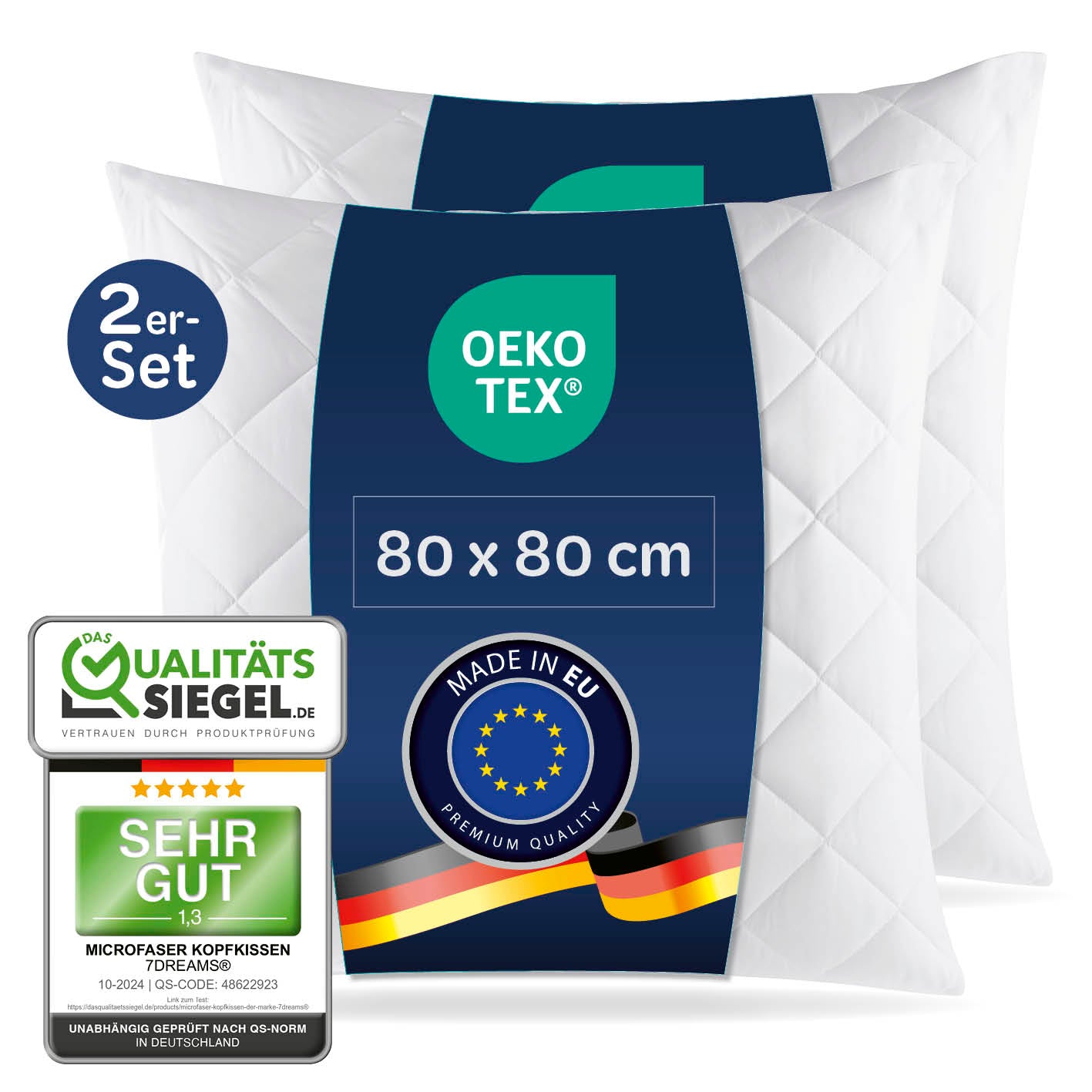 Microfaser Kopfkissen gesteppt - 80 x 80 cm - 2er-Set, weiß, mit Faserkugelfüllung, waschbar bis 95°, Oeko-Tex zertifiziert, formstabil und allergikerfreundlich.