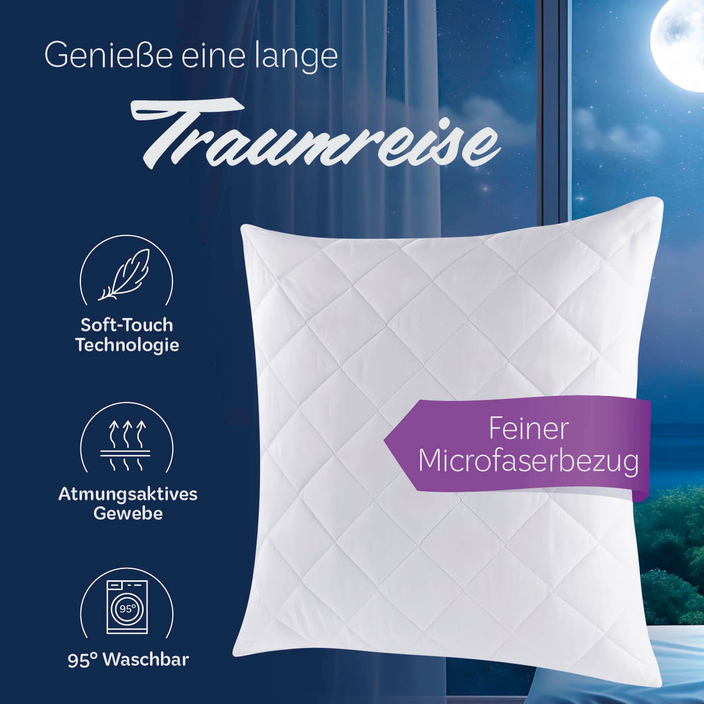 Microfaser Kopfkissen gesteppt - 80 x 80 cm mit feinem Microfaserbezug, atmungsaktiv, waschbar bei 95°, für hohen Schlafkomfort.
